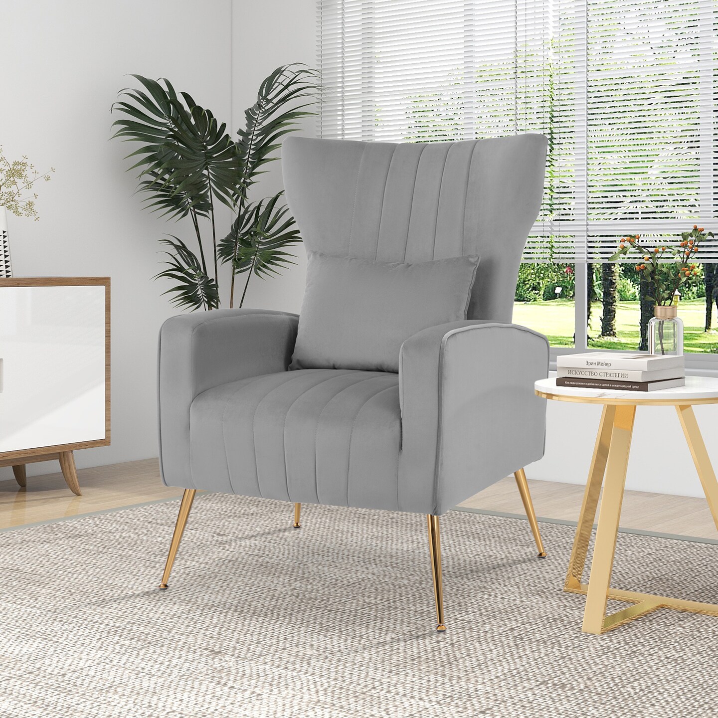 Velvet Upholstered Wingback Chair with Lumbar Pillow and Golden Metal Legs