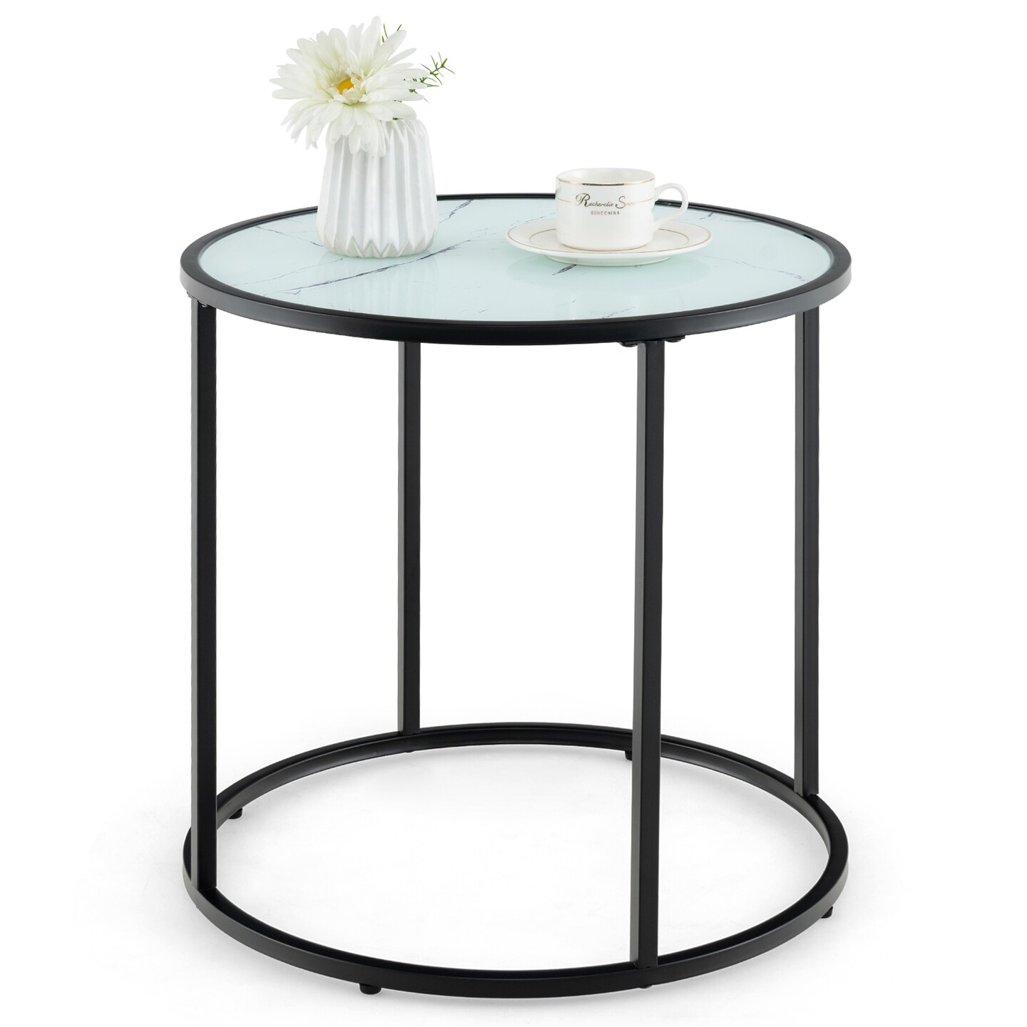 20 Inch Glass End Table with Metal Frame and Faux Marble Glass Top