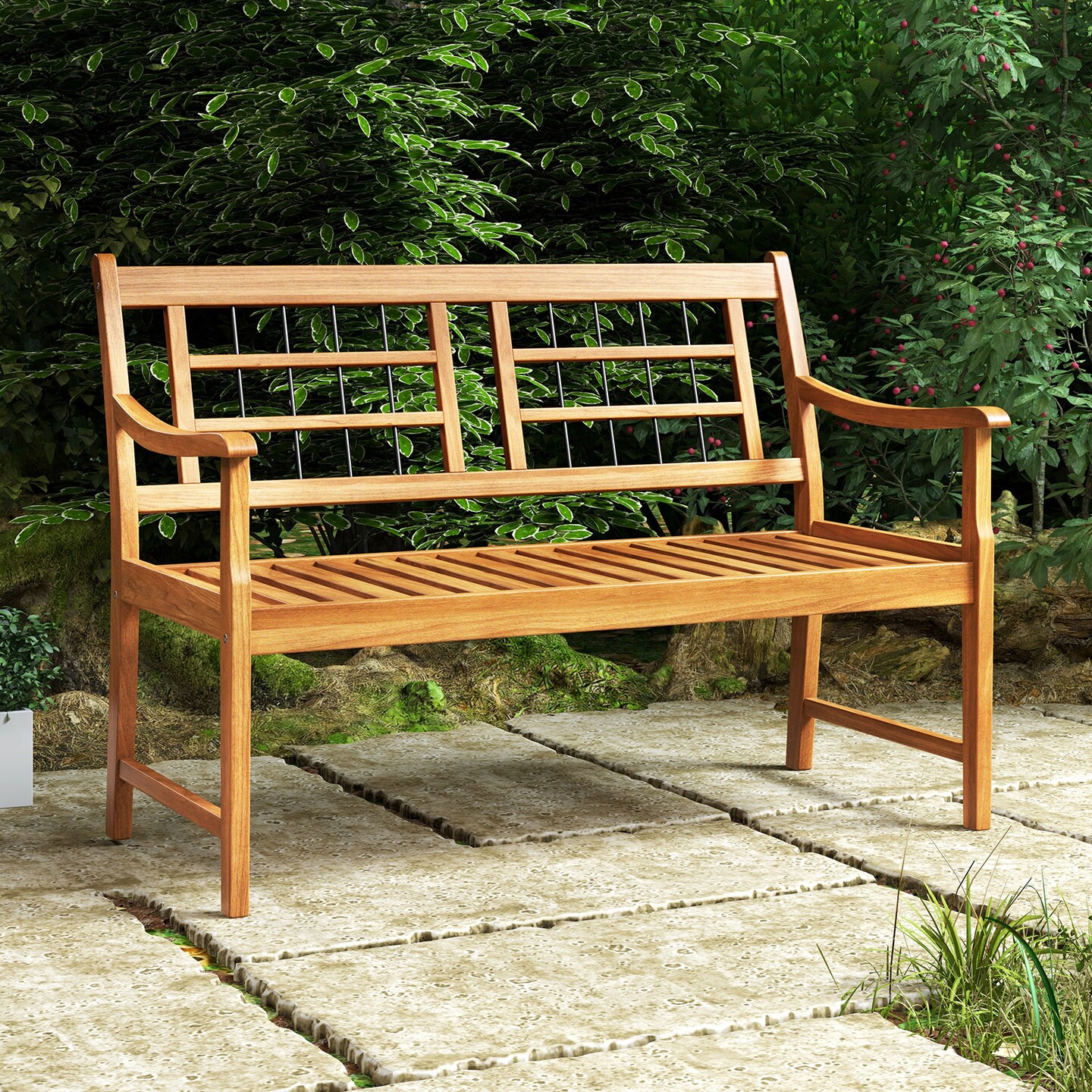 Patio Acacia Wood Bench with Curved Armrests Slatted Seat and Backrest