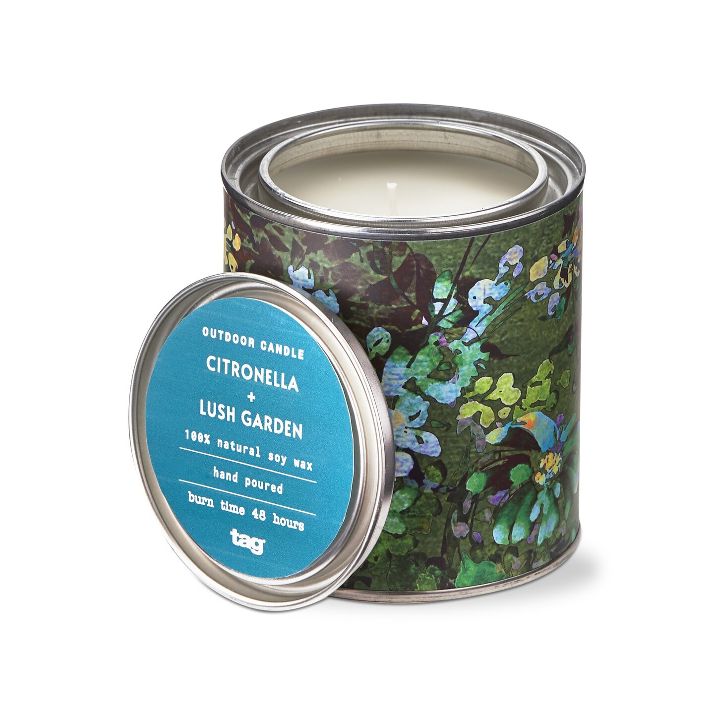 Lush Garden Scented Citronella Candle in Floral Print Tin Container 11 oz Burn Time 48 hrs