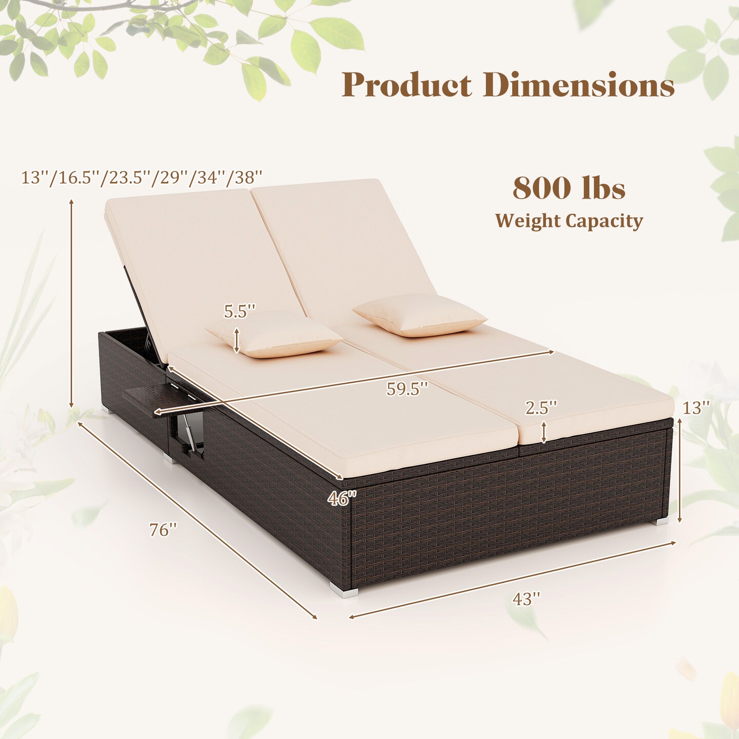 Outdoor Double Chaise Lounge PE Rattan 2 Person Adjustable Recliner Daybed Set Beige