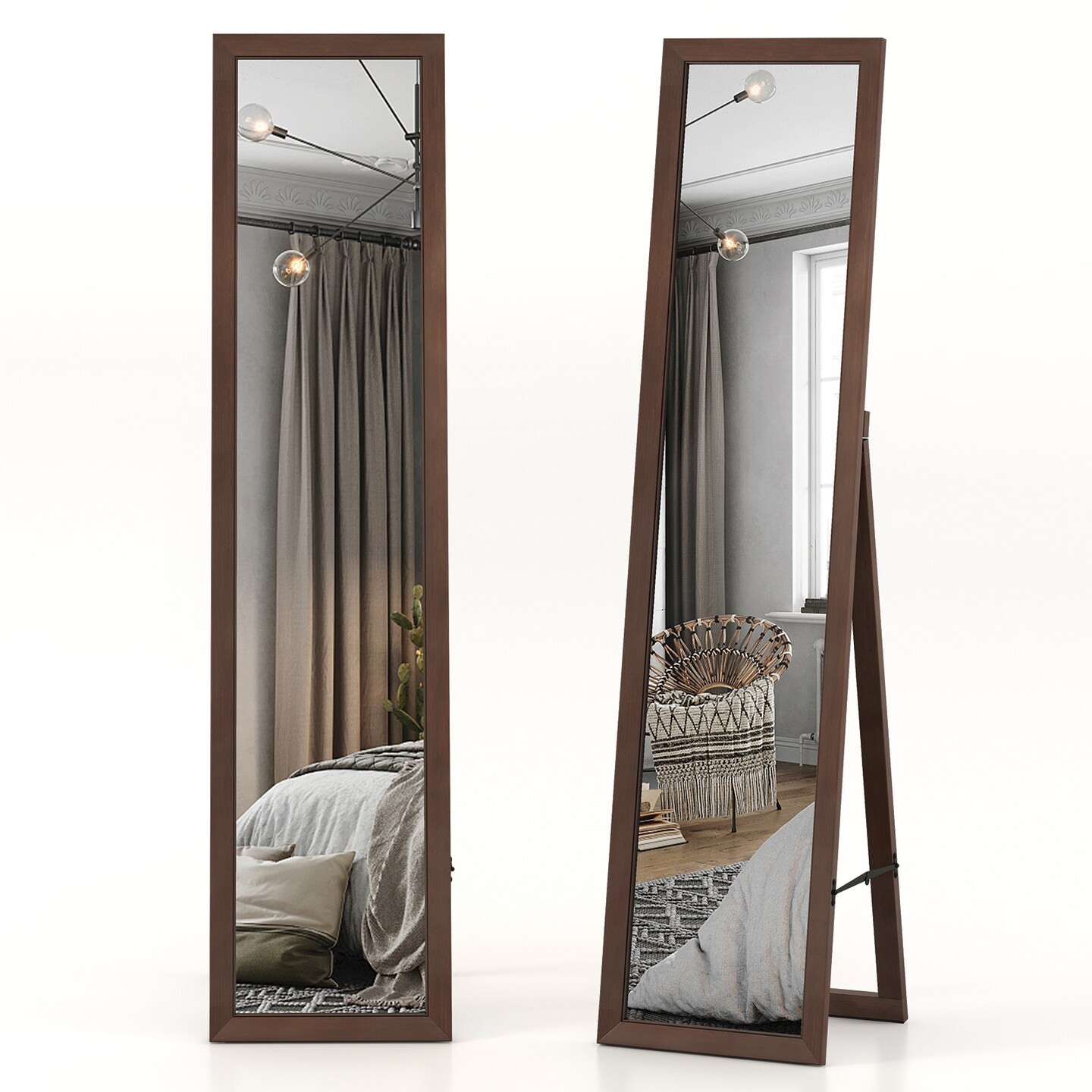 Brown Solid Wood Full Length Floor Mirror with Stand and HD Glass for Bedroom or Living Room