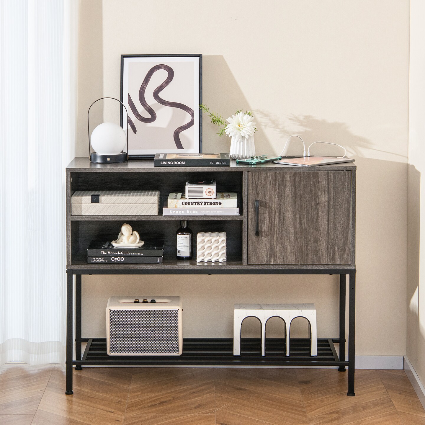 Buffet Sideboard Coffee Bar Cabinet with Power Outlets and USB Ports-Grey