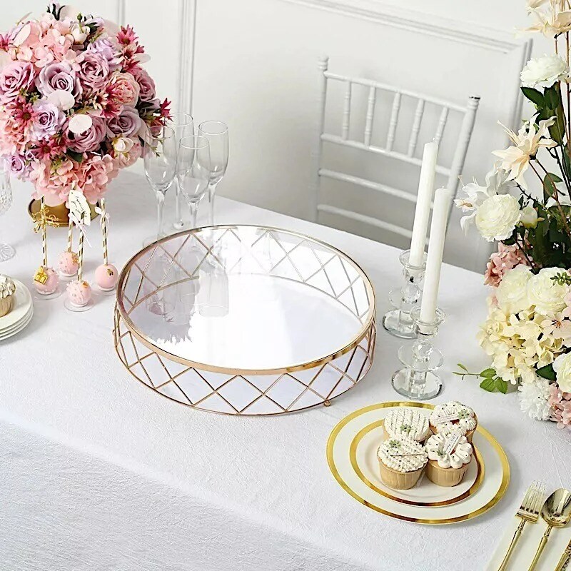 Gold Clear 16 in Round Metal Glass Geometric CAKE STAND Wedding Home Decorations