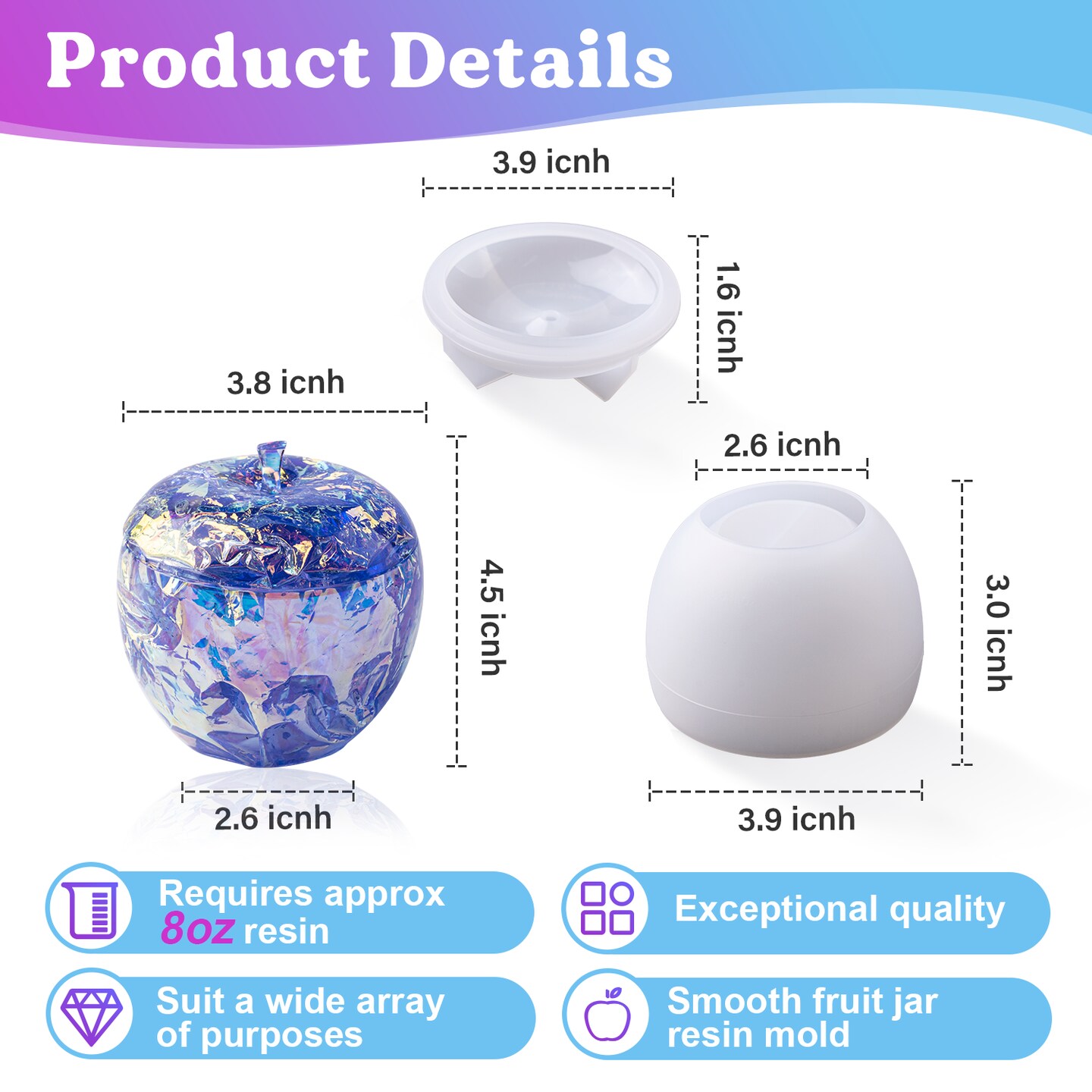 LET&#x27;S RESIN Resin Molds Jar, Apple Shaped Life-Size Silicone Jar Molds for Resin with Lid Stem, Fruit Ornaments Epoxy Resin molds for Resin Crafts, Resin Art, Christmas Decor, Gifts