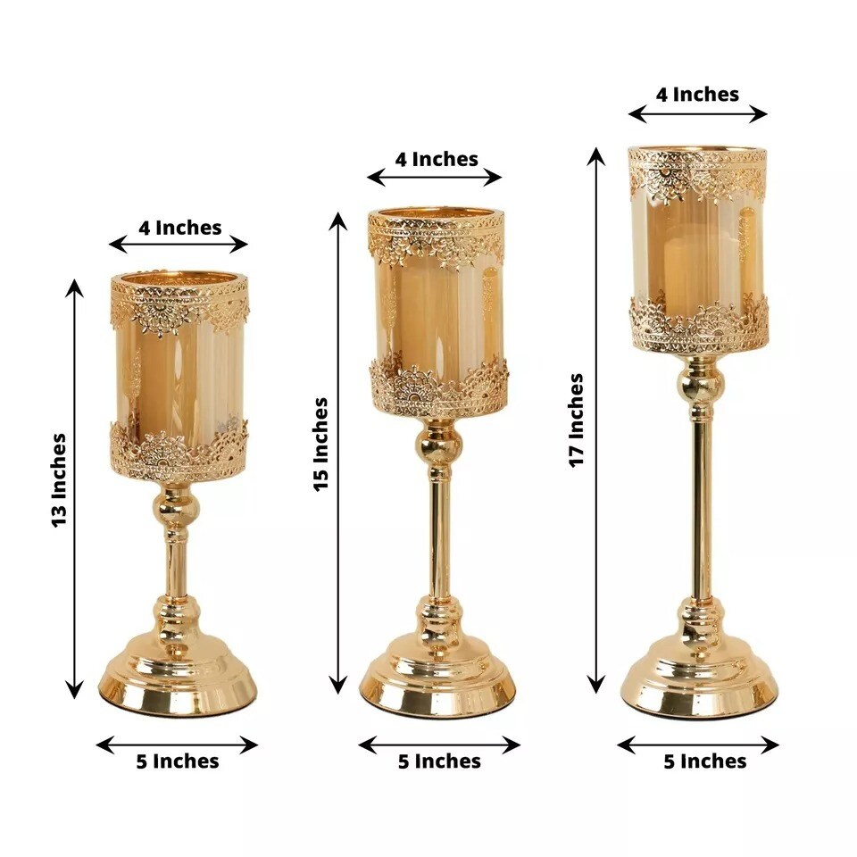 3 Antique Gold Lace Design Metal Glass Votive Candle Holders Centerpieces Party