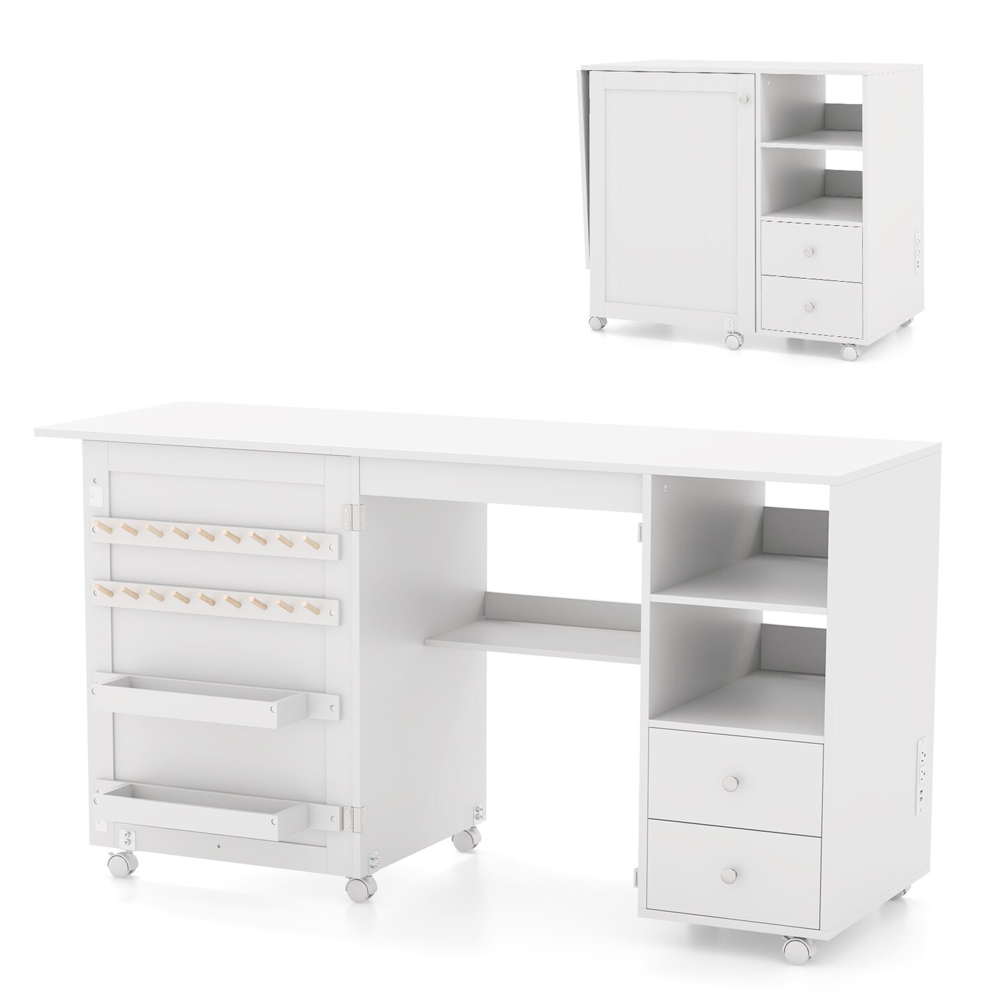 Folding Sewing Table with Storage Shelves and Charging Station