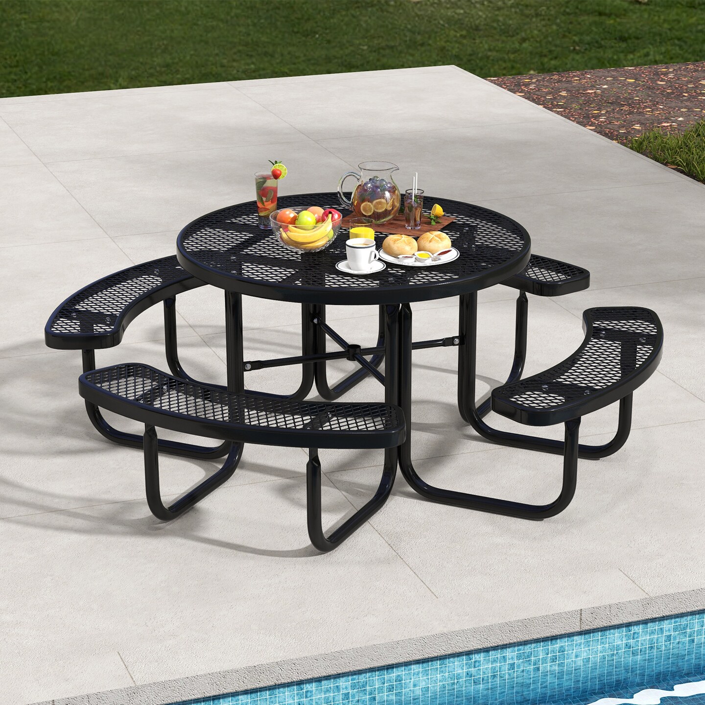 45&#x22; Outdoor Round Picnic Table &#x26; Bench Set for 8 with Umbrella Hole-Black - 80&#x22; x 80&#x22; x 30&#x22;