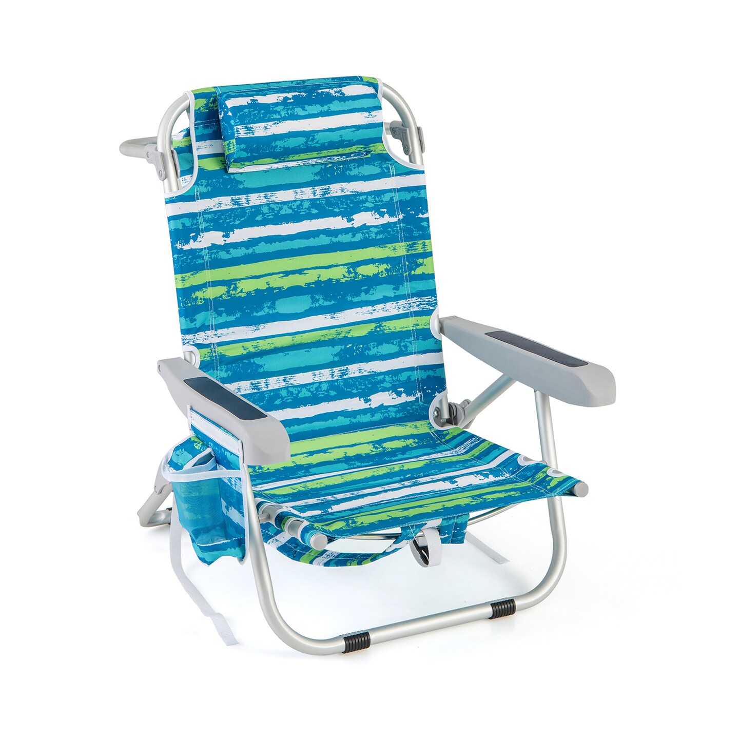 Foldable Backpack Beach Chair with Cup Holder and Storage Pockets for Outdoor-Blue and Green