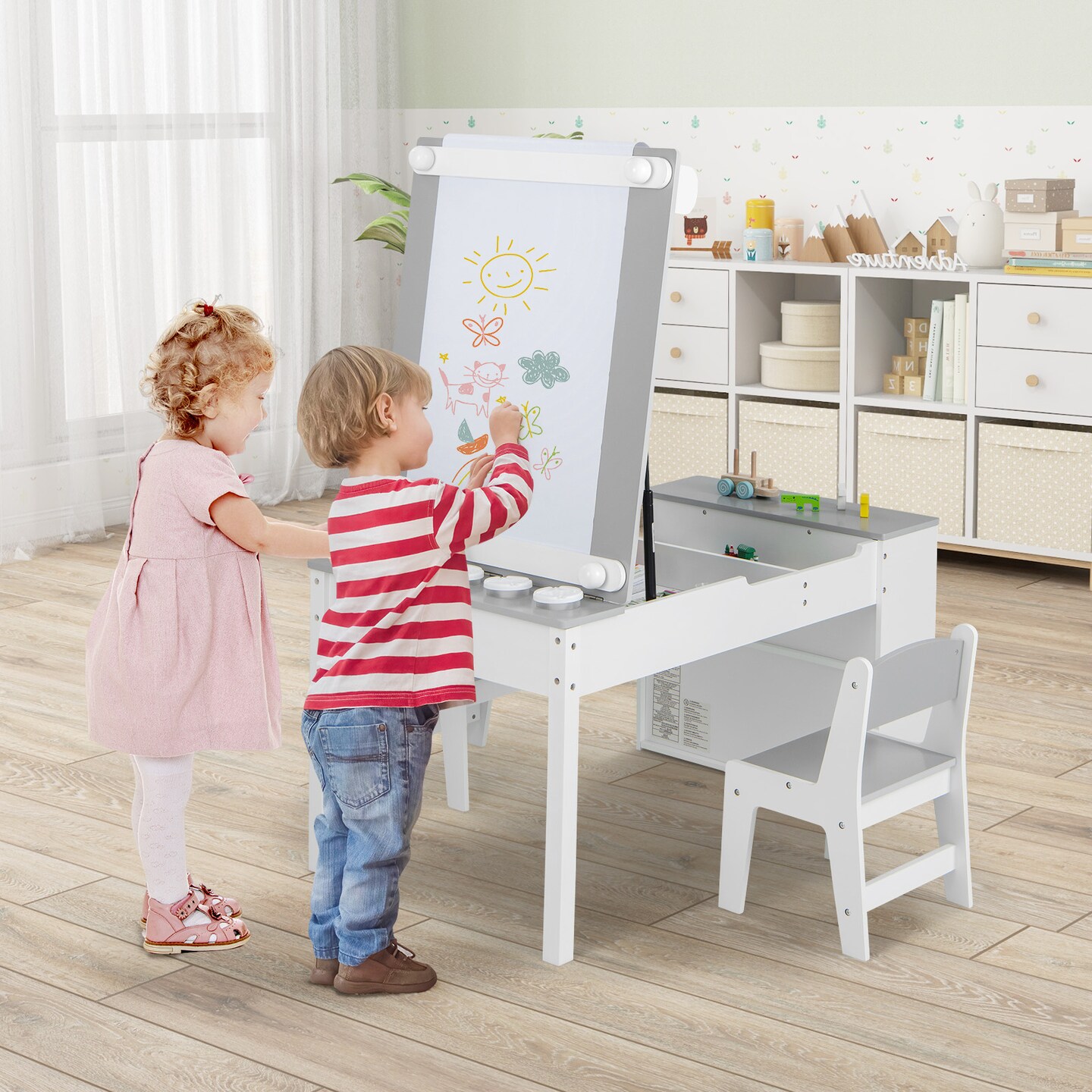 2-in-1 Kids Activity Table with Built-In Easel and Storage Boxes Removable Paint Cups