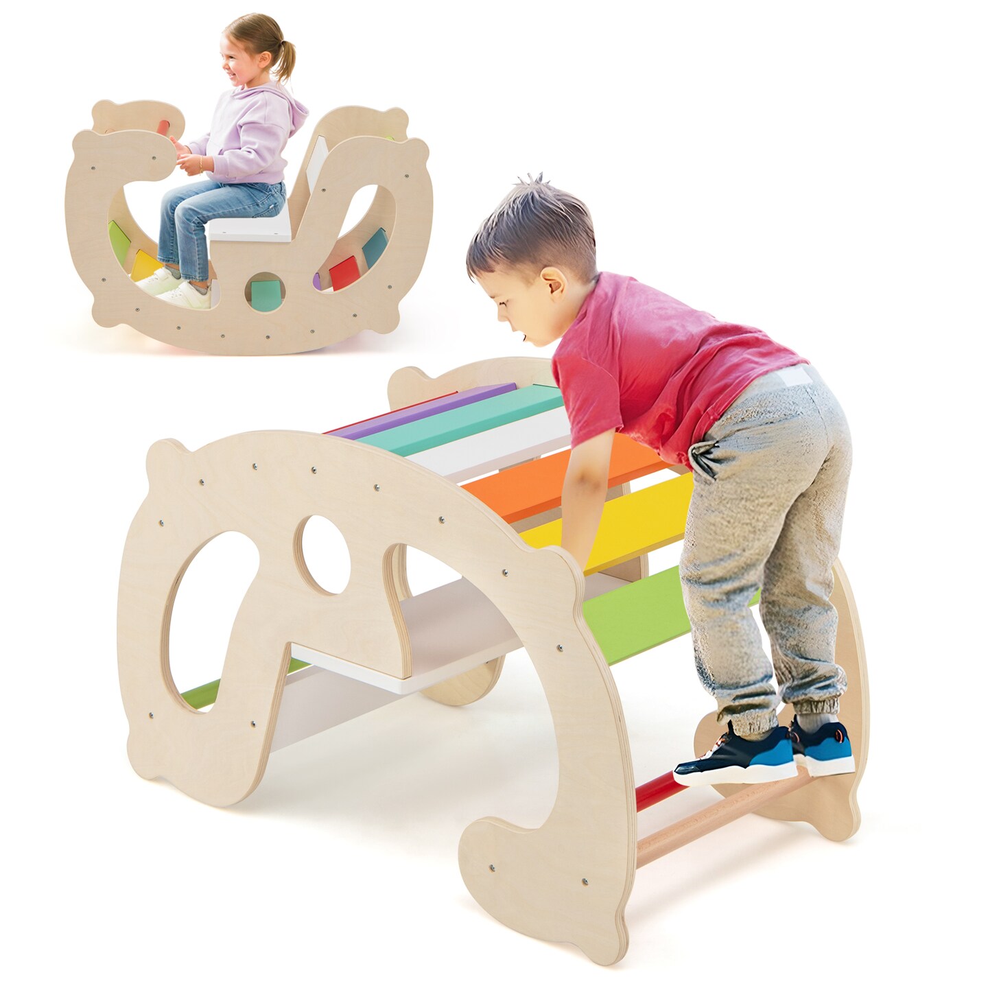 2-in-1 Rocking Horse Arch for Kids Montessori Climbing Toys with Arch Climbet - 31.5" L x 16.5" W x 19" H