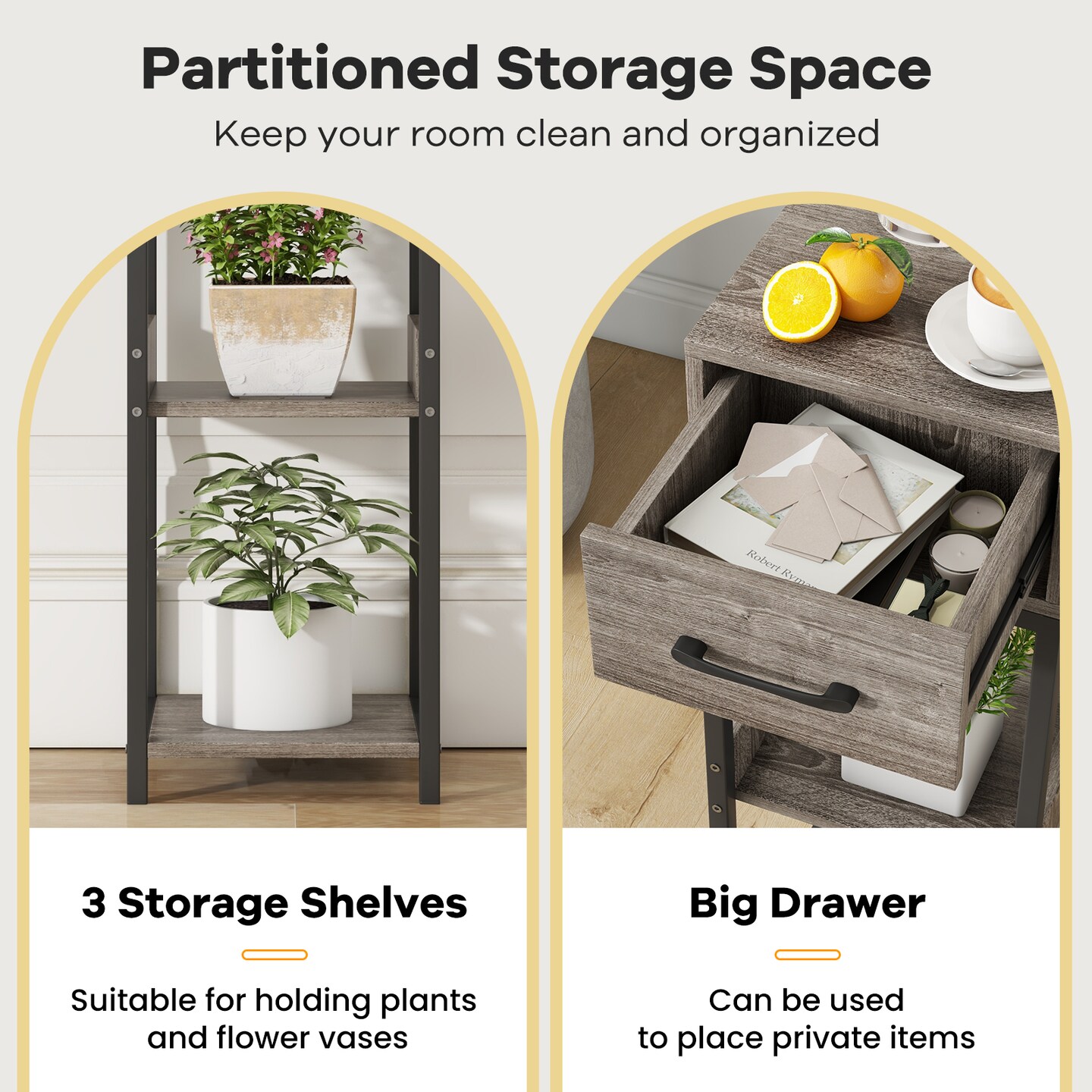 3 Tier Tall Plant Stand with Drawer Anti-tipping Devices-Grey