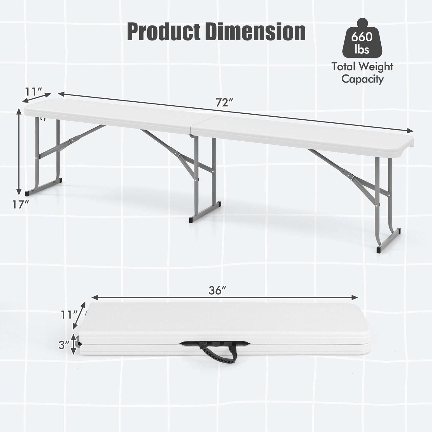 6 Feet Plastic Folding Bench Picnic Camping Dining Seat with Carrying Handle - 72&#x22; x 11&#x22; x 17&#x22; (L x W x H)