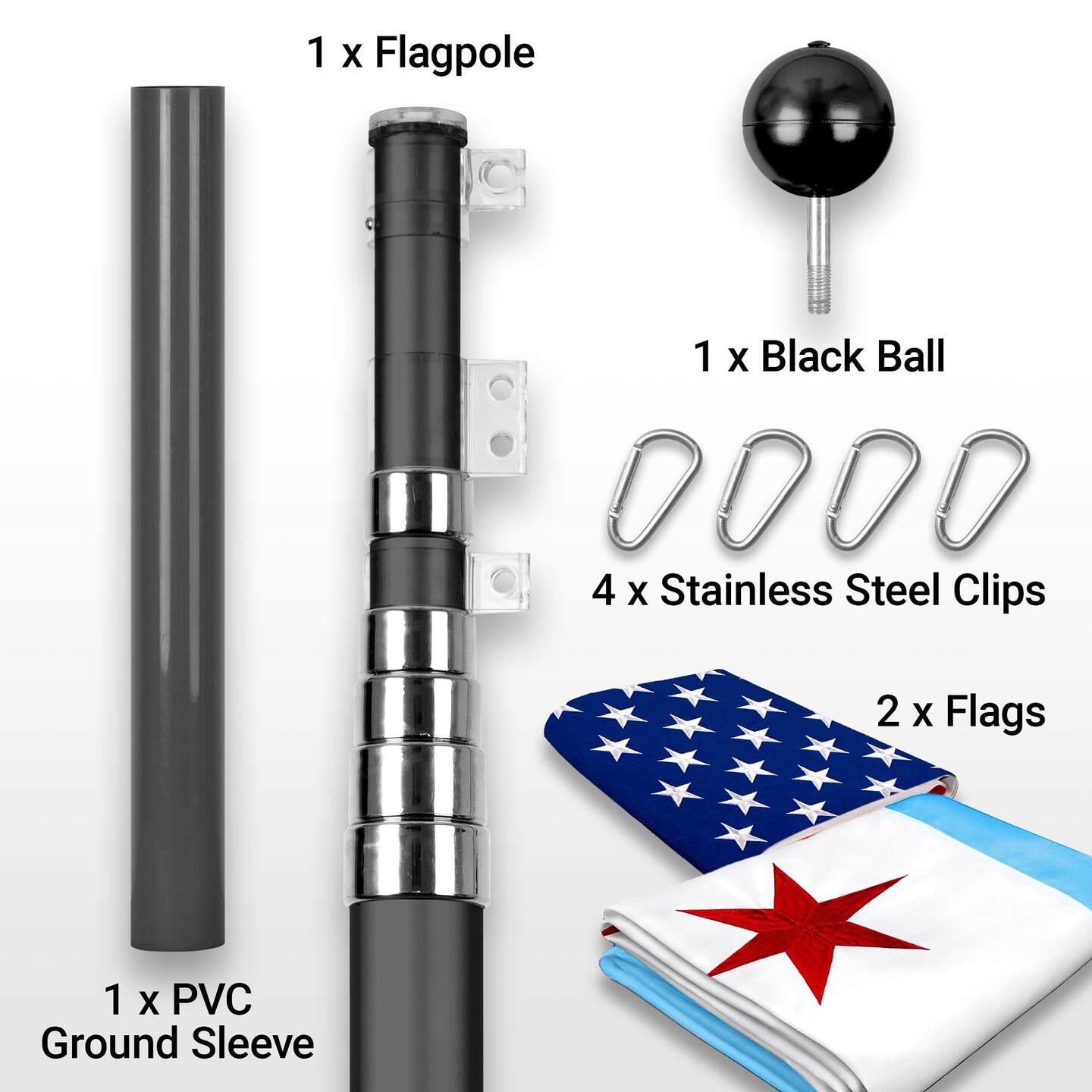 G128 Combo Pack: 20 Ft Telescoping Aluminum Flagpole (Black) &#x26; American and Chicago City Flags 3x5 Ft, Both ToughWeave Series Embroidered Polyester | Pole with Flags Included