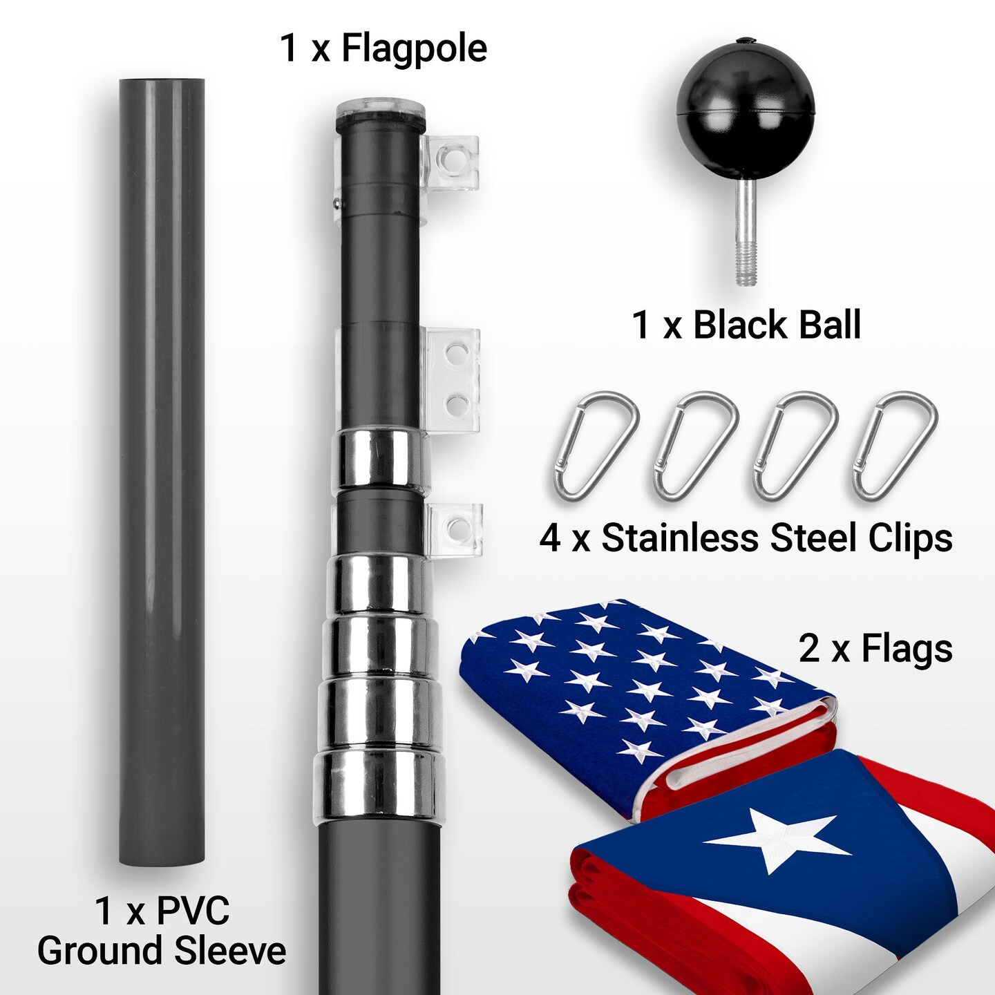 G128 Combo Pack: 25 Ft Telescoping Aluminum Flagpole (Black) & American and Puerto Rico Flags 3x5 Ft, Both StormFlyer Series Embroidered 220GSM Spun Polyester | Pole with Flags Included