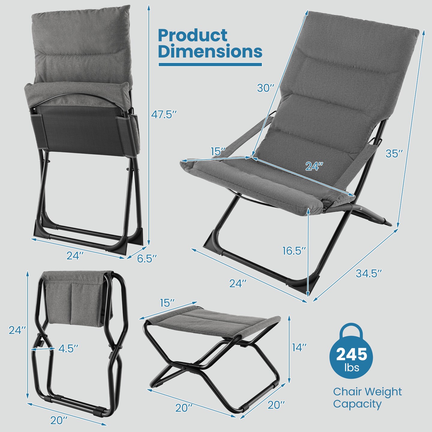 Patio Folding Sling Chair with Ottoman Footrest and Removable Cushion-Grey