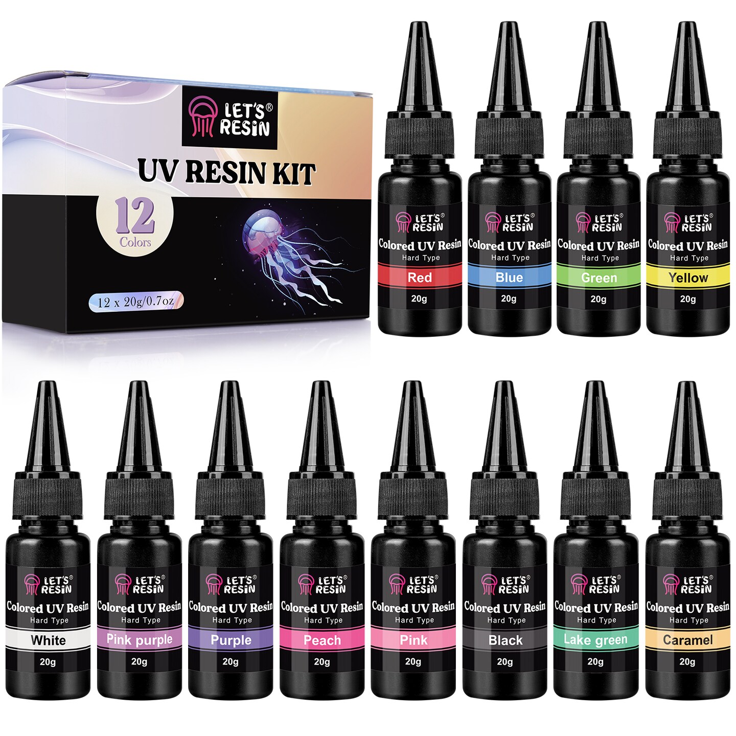 LET&#x27;S RESIN UV Resin, 12Colors Ultraviolet Epoxy Resin Clear, Odorless &#x26; Low Shrinkage UV Resin Kit for Crafts, Jewelry Making, Decoration(20g Each)