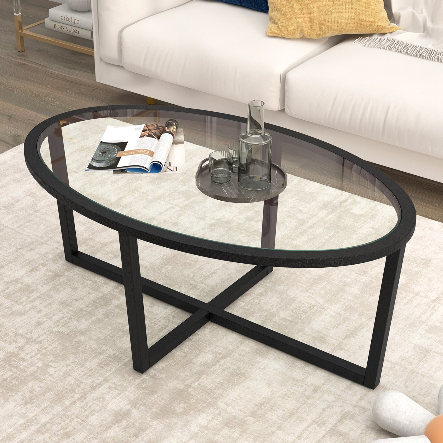 Glass Coffee Table Oval Living Room Table with Cross Base and Acacia Wood Legs - 46.5&#x22; x 28&#x22; x 18.5&#x22; (L x W x H)