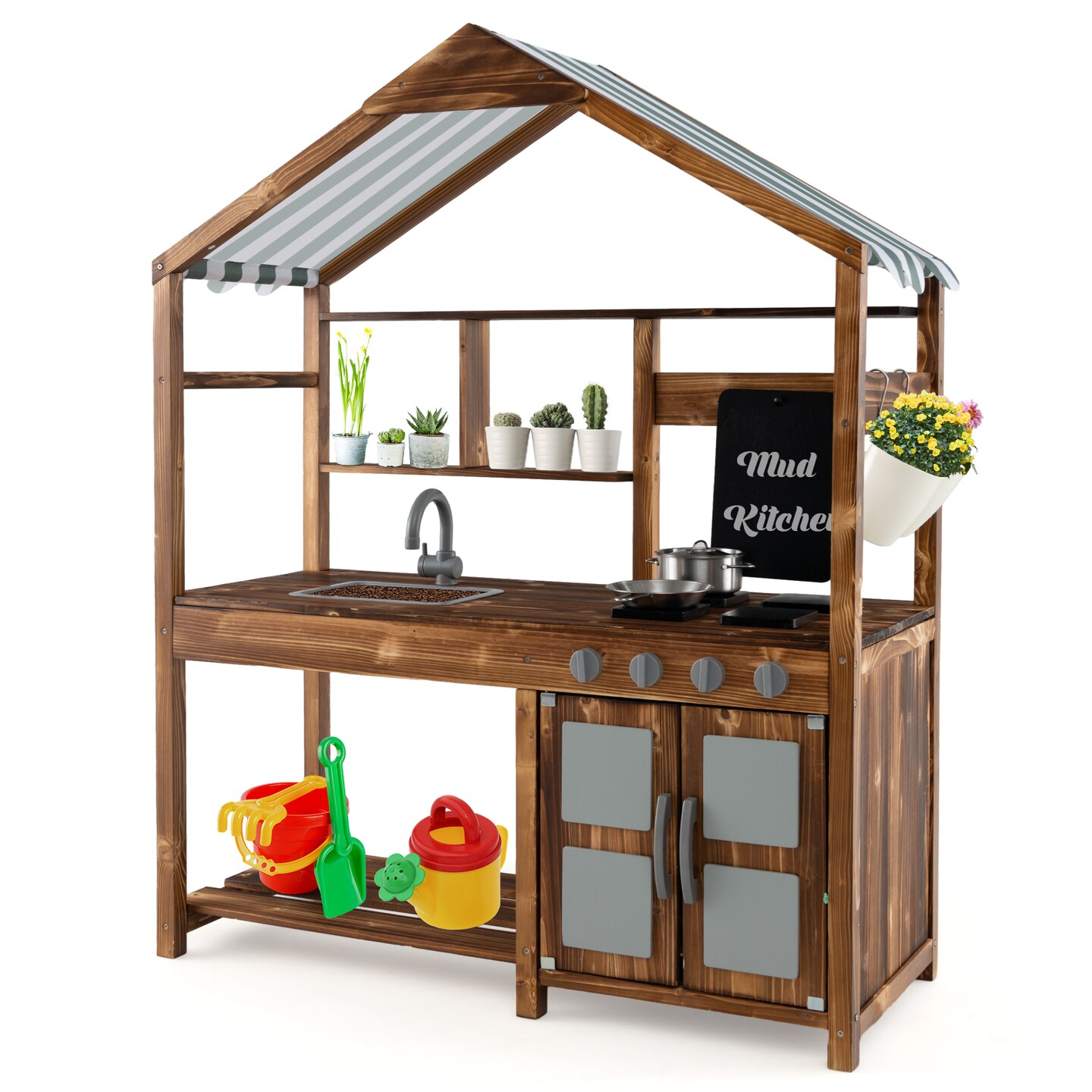 Kid's Mud Kitchen Outdoor Solid Wood Mud Kitchen with Canopy - 39.5" x 16.5" x 49.5"(L x W x H)