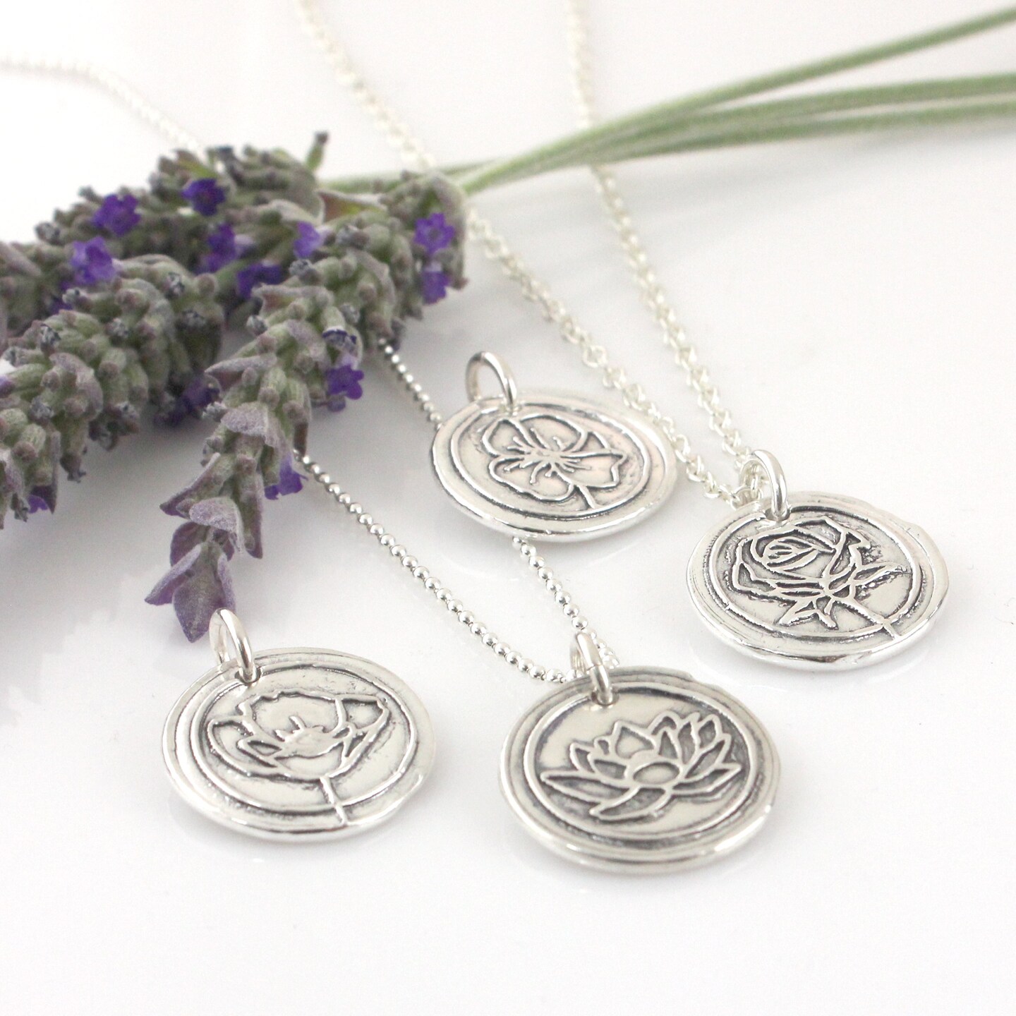 Birth Month Flower Necklace - Wax Seal Inspired Birthday Flower Necklace - handmade fine silver 396913872498737152