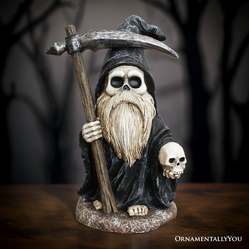 Grim Reaper Gnome Figurine 7&#x22;, Gothic Occult Statue Yard Decoration