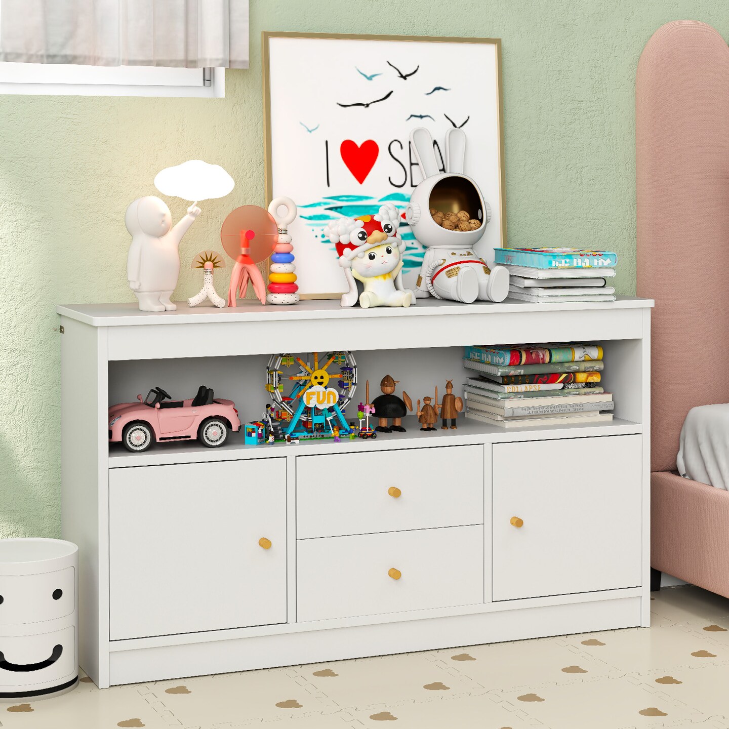 White Kids Toy Storage Organizer with Open Shelf and 2 Drawers for Playroom - 42&#x22; x 12&#x22; x 24.5&#x22;
