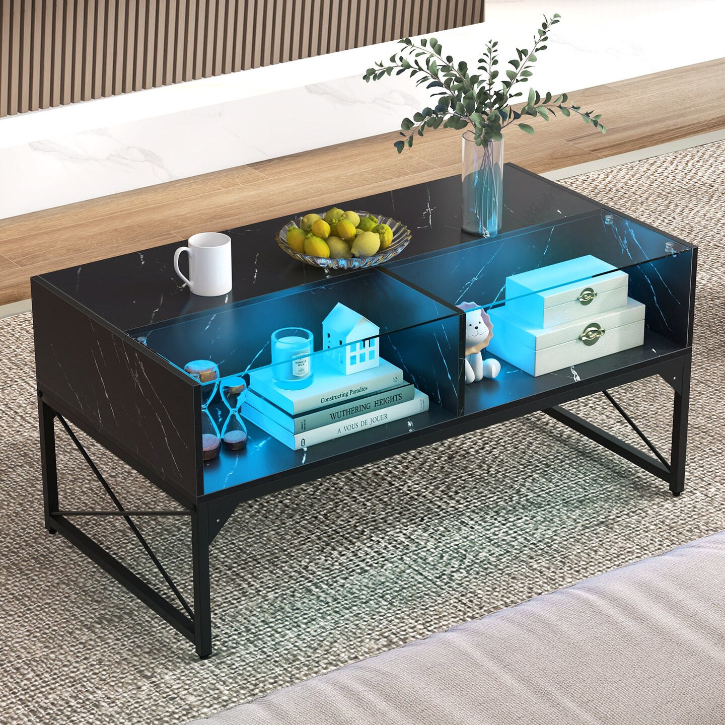 Rectangle LED Coffee Table with Split Faux Marble Glass Top and 4 Storage Cubes for Living Room