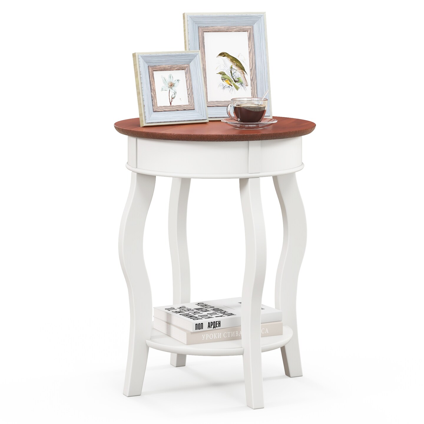 2-Tier Round End Table with Storage Shelf and Solid Rubber Wood Legs-Walnut &#x26; White