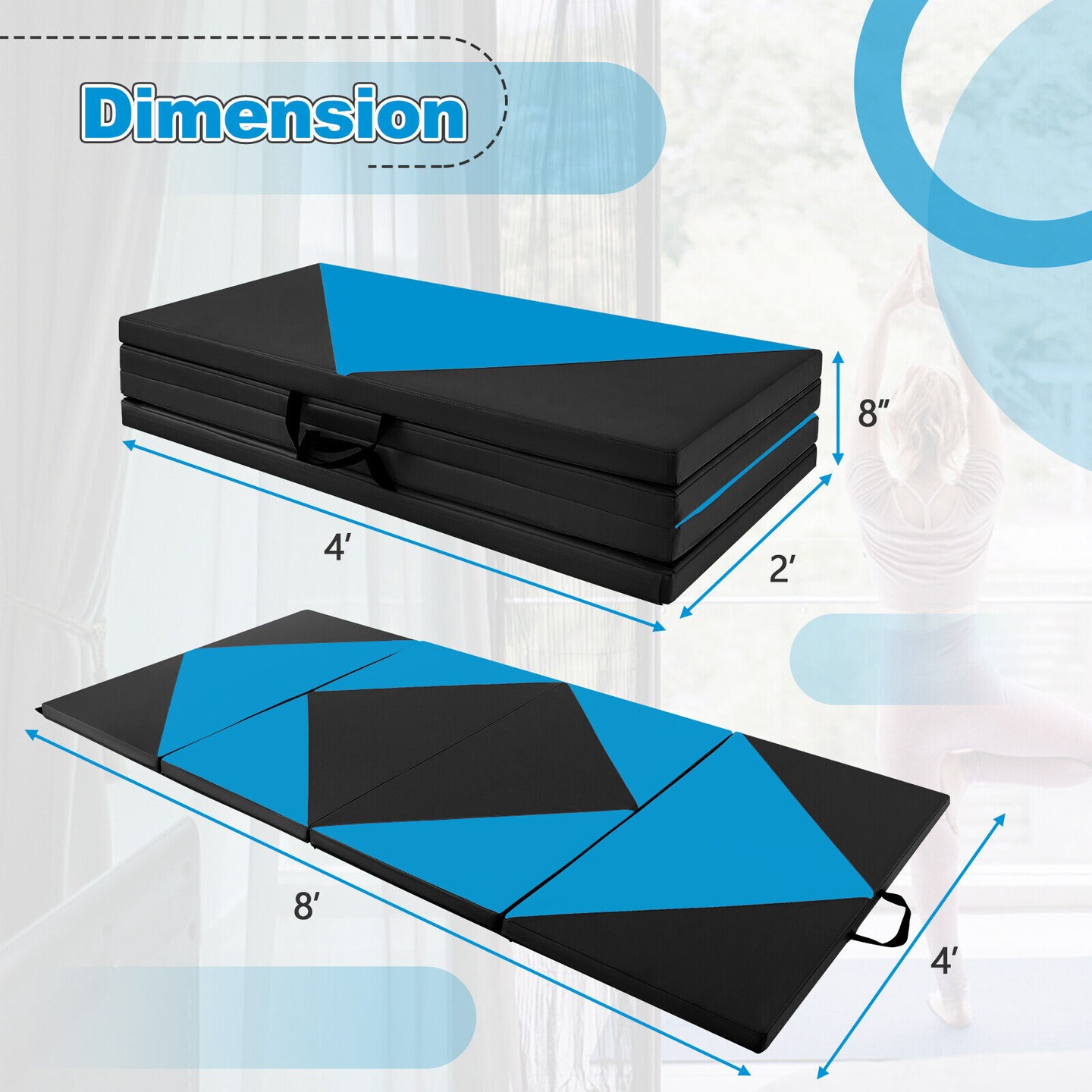 8 Feet PU Leather Folding Gymnastics Mat with Removable Zippered Cover and Hook and Loop Fasteners