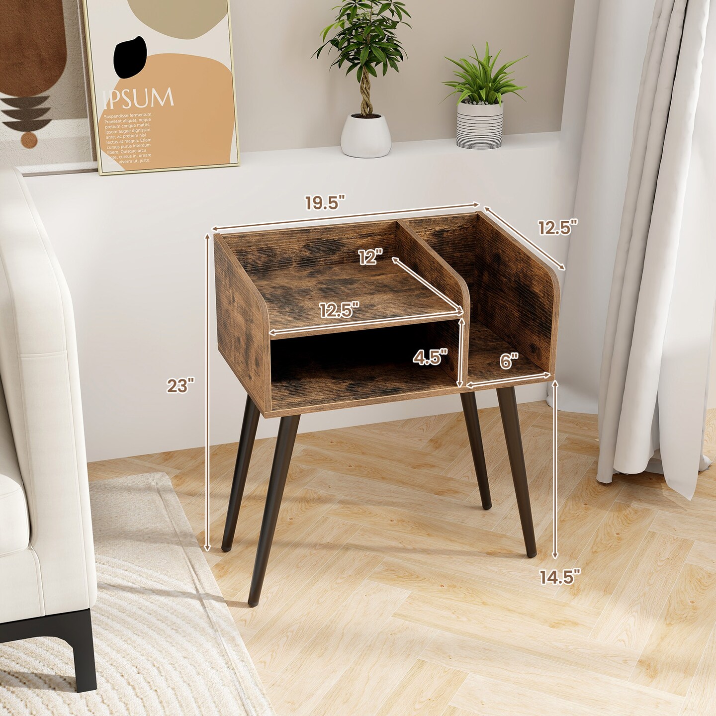 Mid Century Modern Nightstand  with Open Shelves