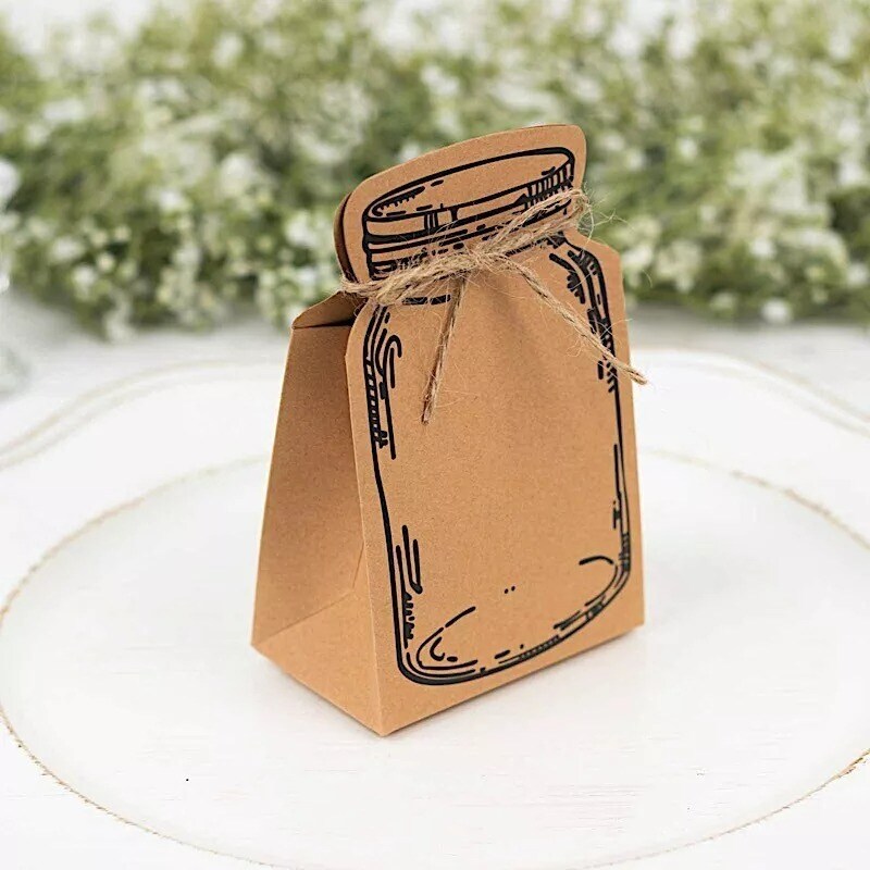 25 Natural Mini Mason Jar Shaped Paper Gift Boxes Jute Rope Ties Party Events