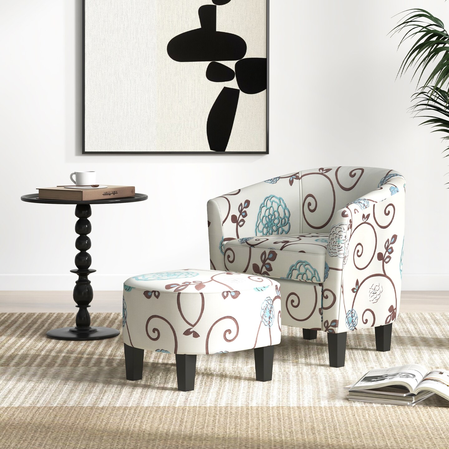 Modern Accent Tub Chair and Ottoman Set with Fabric Upholstered - 28" x 25" x 29" (L x W x H)
