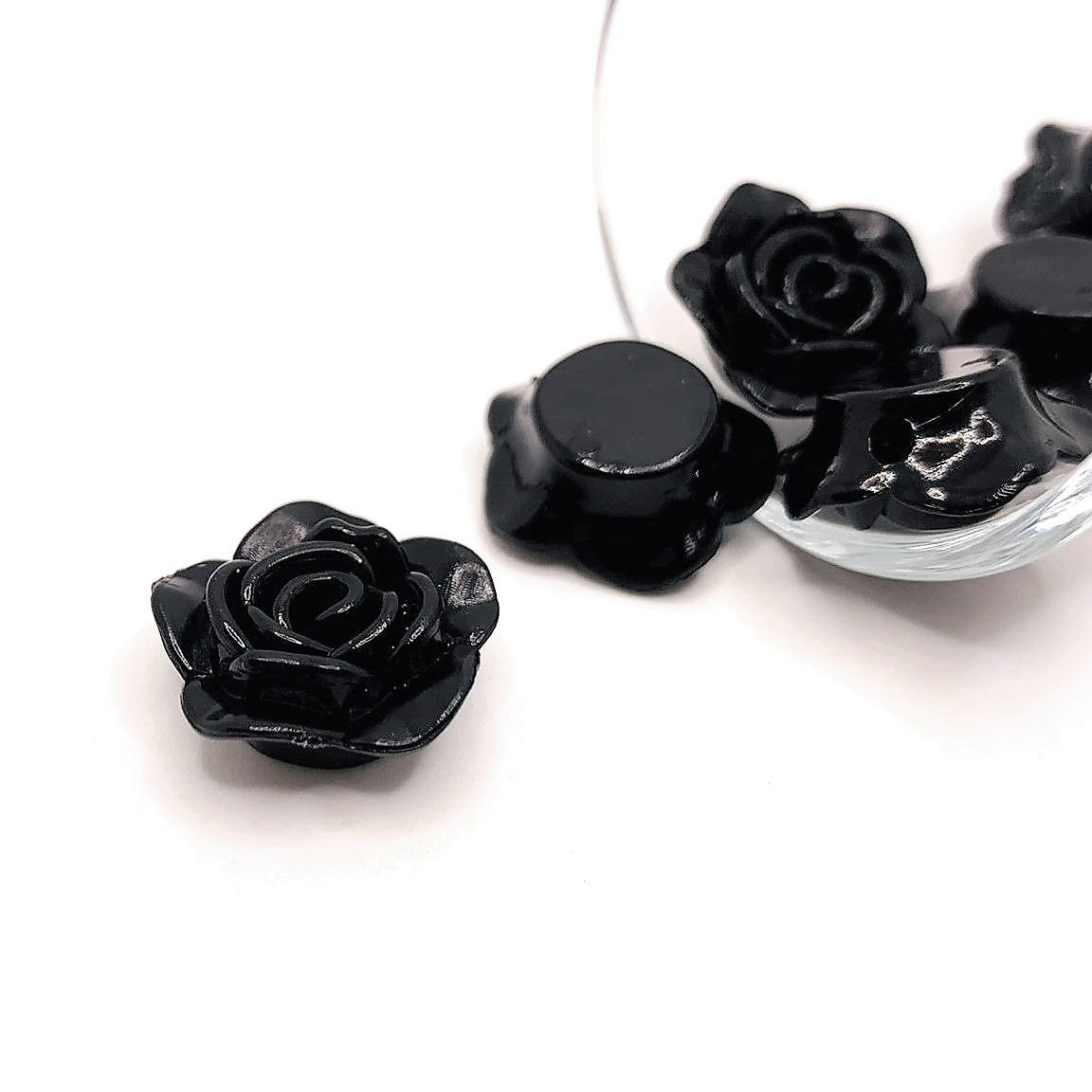 4, 20 or 50 Pieces: Black Chunky Rose Flower Beads