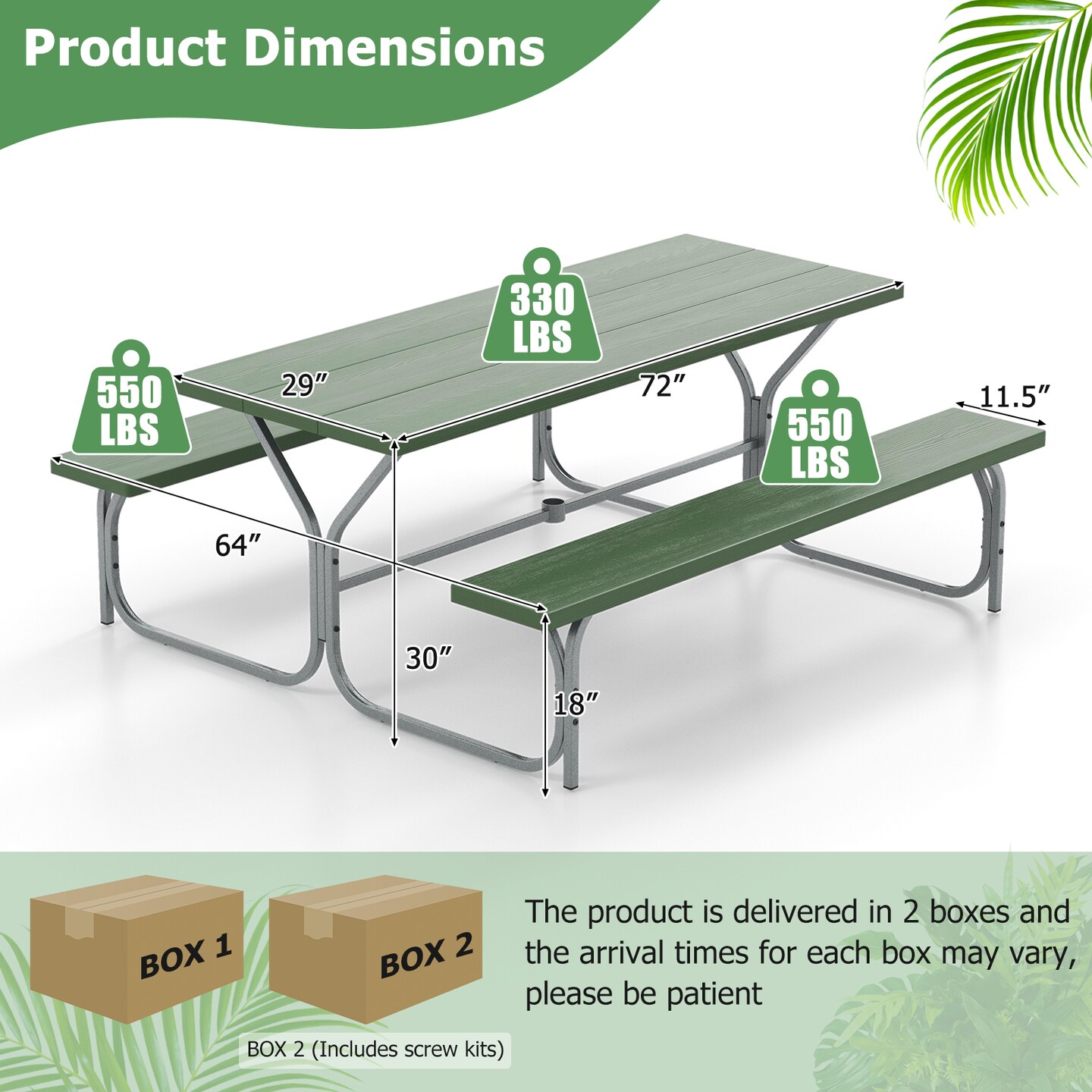 6 FT Picnic Table Bench Set Dining Table and 2 Benches with Metal Frame and HDPE Tabletop