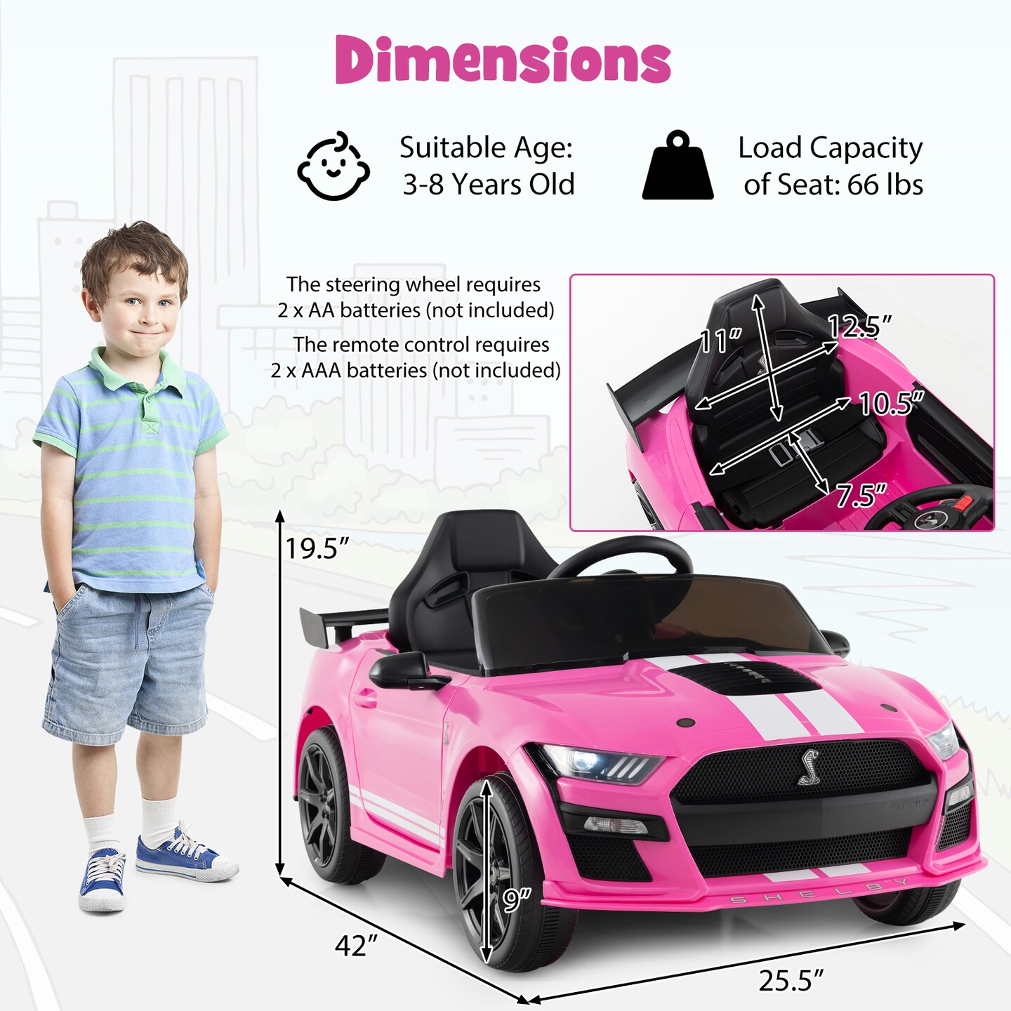 12V Licensed Ford Mustang Shelby GT500 Kids Ride on Car with Remote Control for Kids Aged 3-8-Red