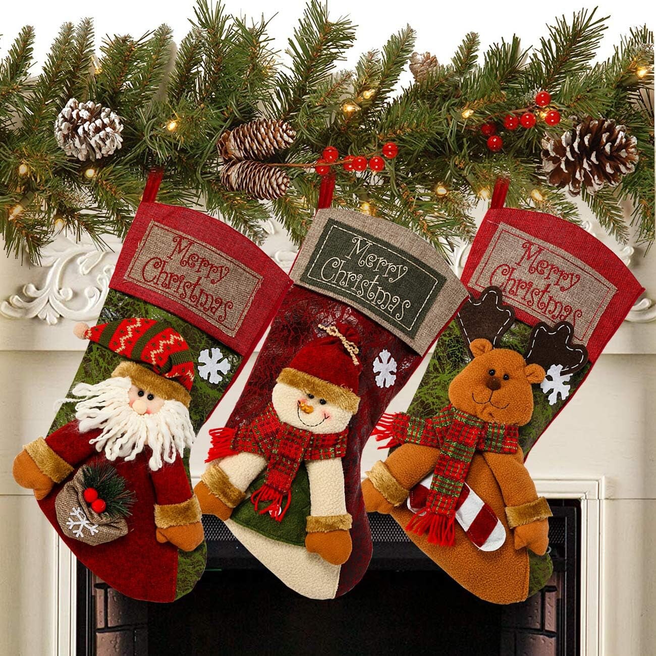 3PCS 18&#x22; Christmas Stocking Classic Large Stockings Santa, Snowman, Reindeer Xmas Character for Family Holiday Christmas Party Decorations