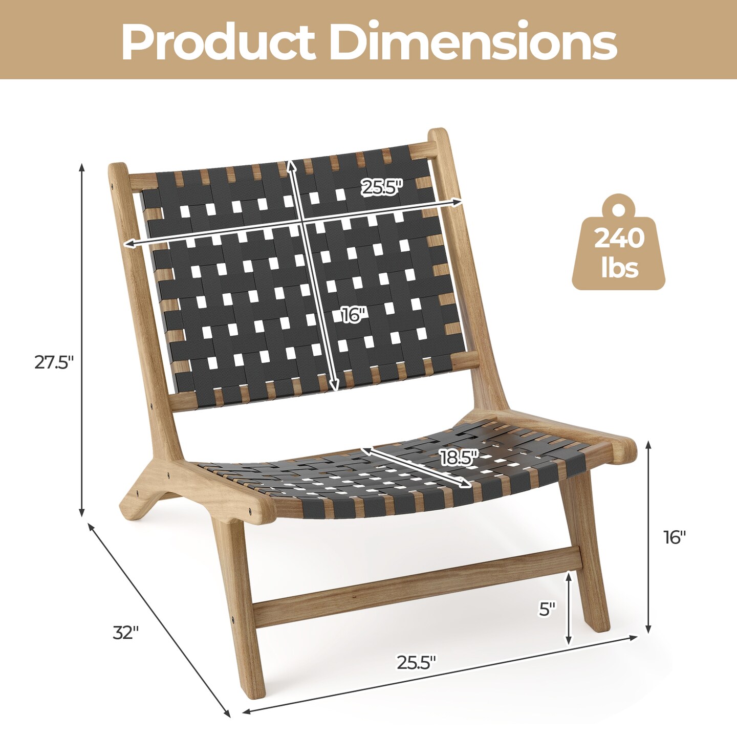 Armless Teak Wood Lounge Chair with Durable Nylon Woven Backrest - 25.5 L x 32 W x 27.5 H