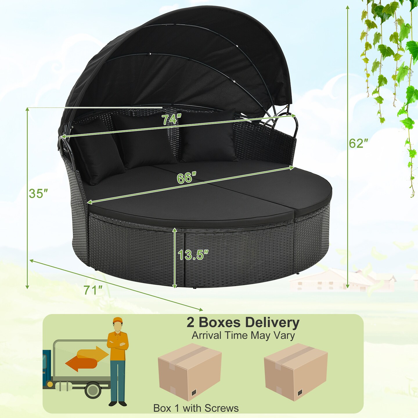 Clamshell Patio Round Daybed Wicker with Retractable Canopy and Pillows