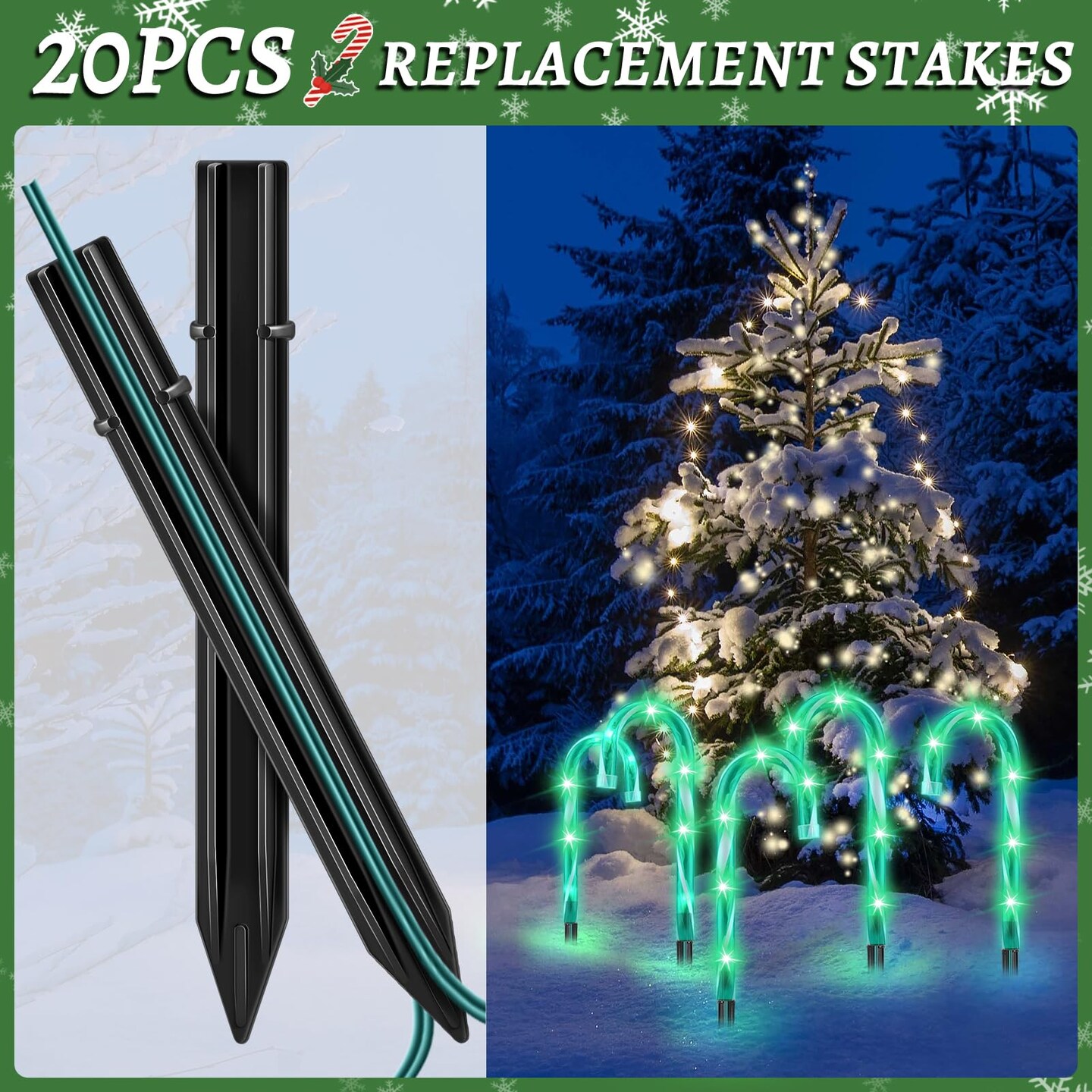 20PCS Replacement Stakes for Christmas Candy Cane Lights Outdoor, Plastic Candy Cane Pathway Markers Lights Spike Replacer, Size 0.68 * 6.05 Inches, Used to Maintain Candy Cane Pathway Lights 1