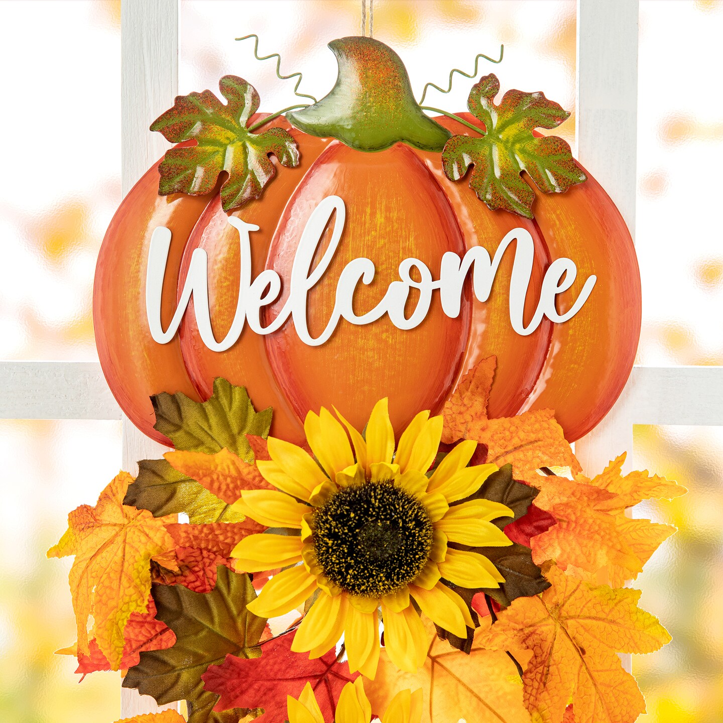 22.5&#x22;H Fall Metal Pumpkin &#x26; Sunflower Swag Wall Decor