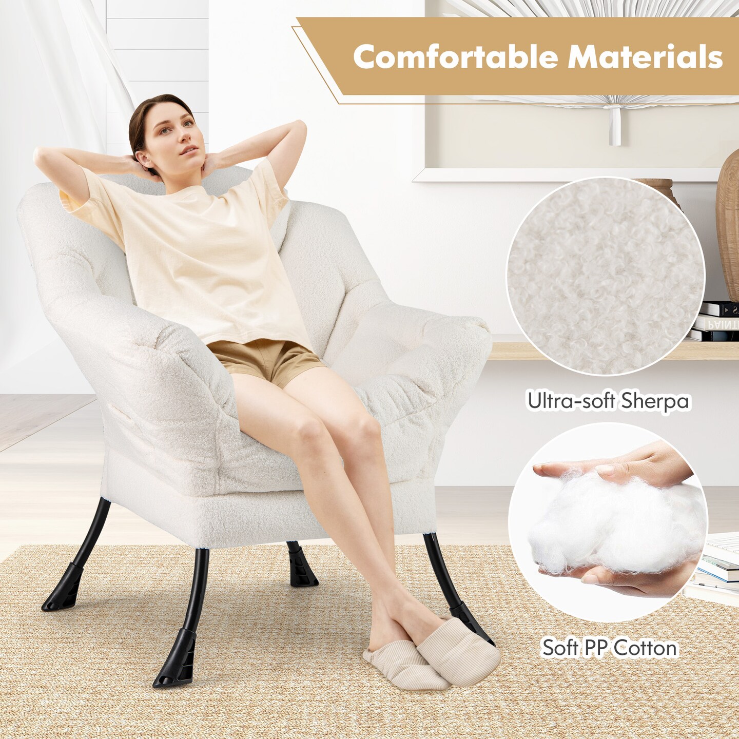 Comfy Sherpa Accent Chair with Head Pillow for Living Room or Bedroom