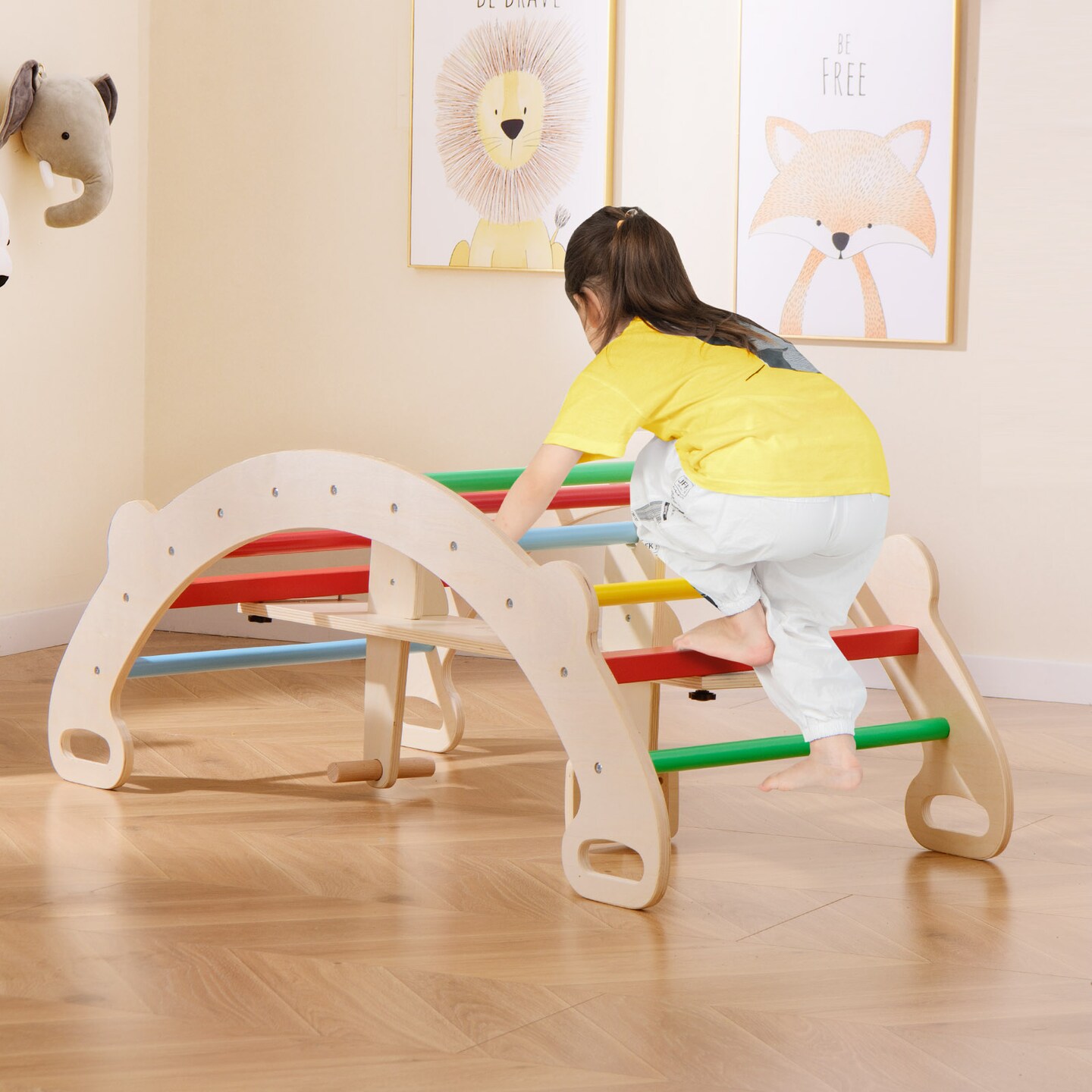 4-in-1 Multifunctional Wooden Climbing Toys with Rocker and Crawling Tunnel - 48&#x22; x 20.5&#x22; x 17.5&#x22; (L x W x H)