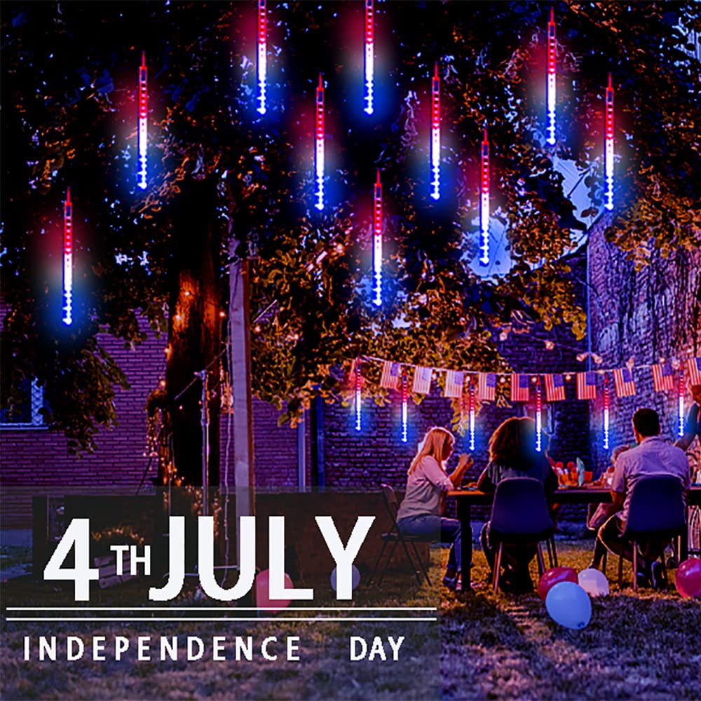 Aokudoni 4th of July Decorations Outdoor, 16 Inch Red White and Blue Meteor Shower Lights for Independence/National/Memorial Day, LED Christmas Lights Outdoor for Yard Garden Tree Holiday Party