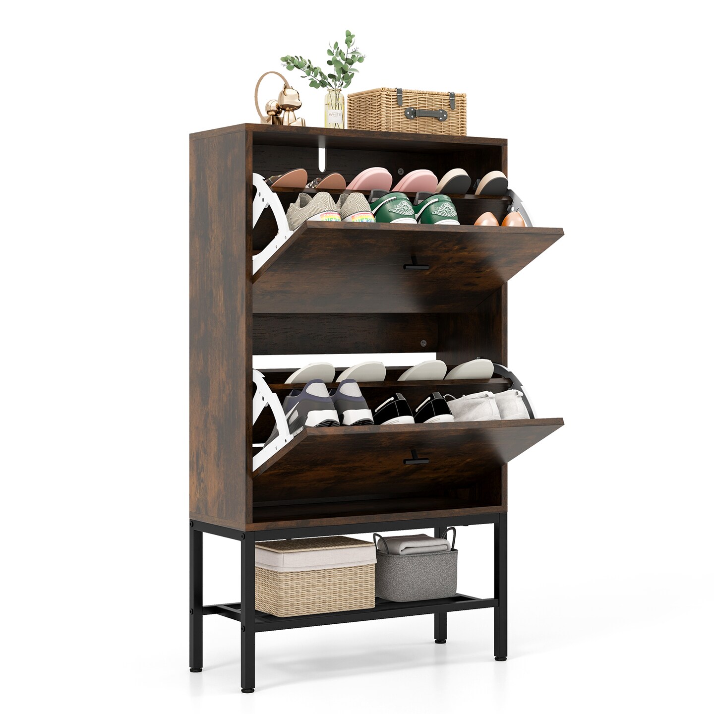 Industrial Shoe Storage Cabinet with 2 Flip Drawers and 1 Bottom Metal Shelf - 23.5 x 9.5 x 42 inch (L x W x H)