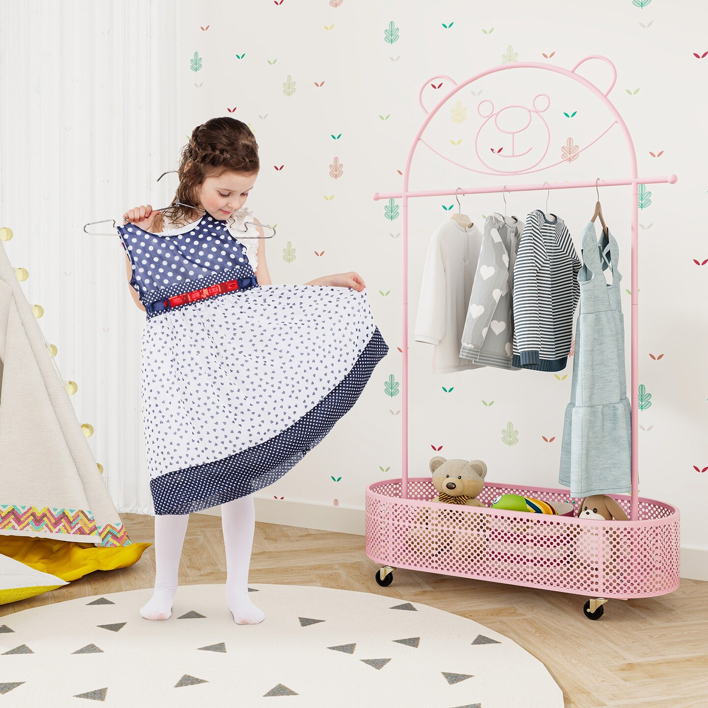 Kid Clothes Rack with 3 Adjustable Heights and Wheels - 32&#x22;L x 13.5&#x22;W x 72&#x22;H