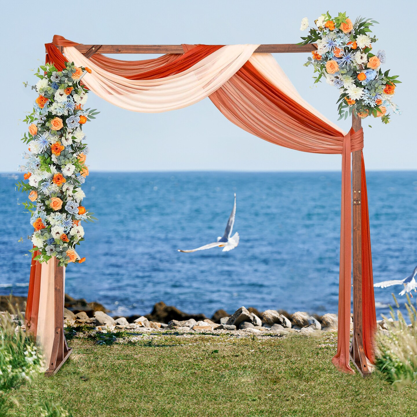 Rustic Brown Wooden Wedding Arch with Fir Wood Frame and Metal Stakes for Outdoor Events