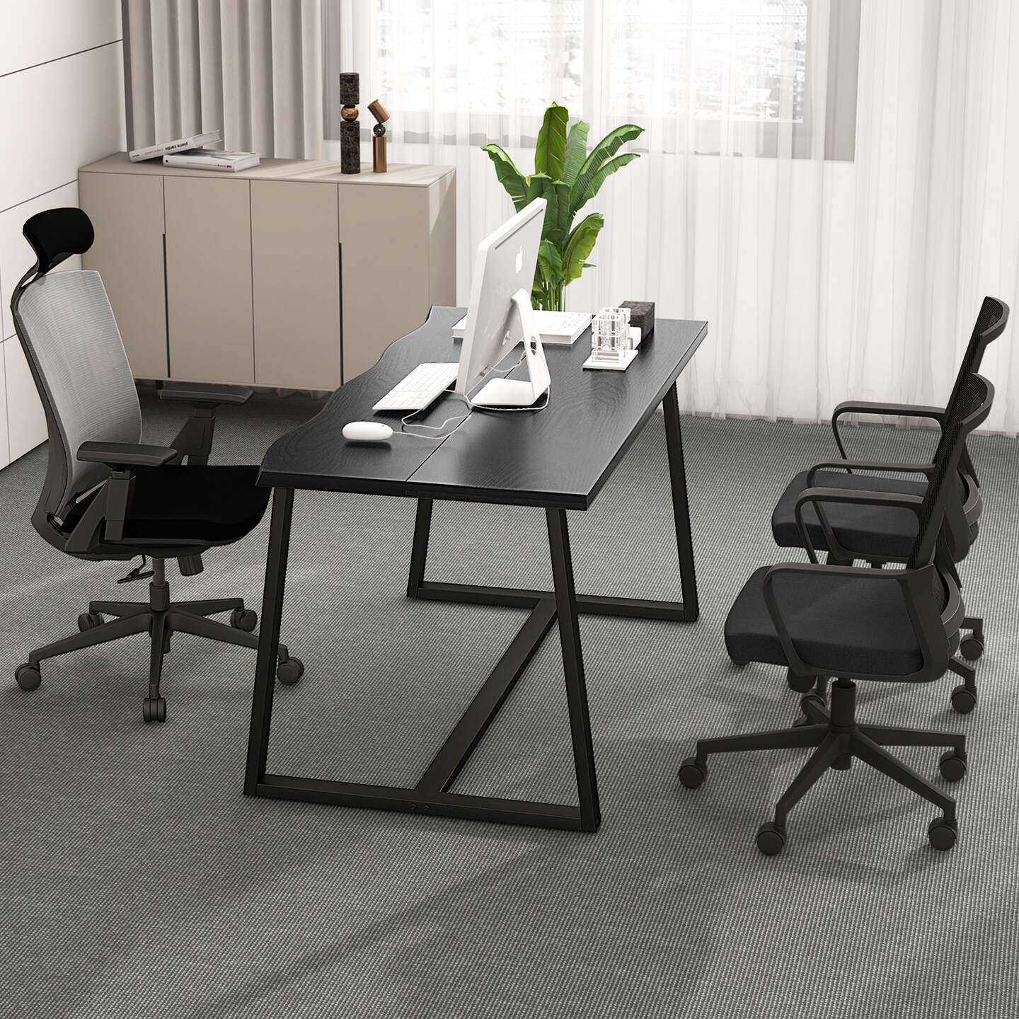 63" Large Dining Table with Wavy Edge and Heavy-duty Metal Frame - 63"L x 31.5"W x 31.5"H