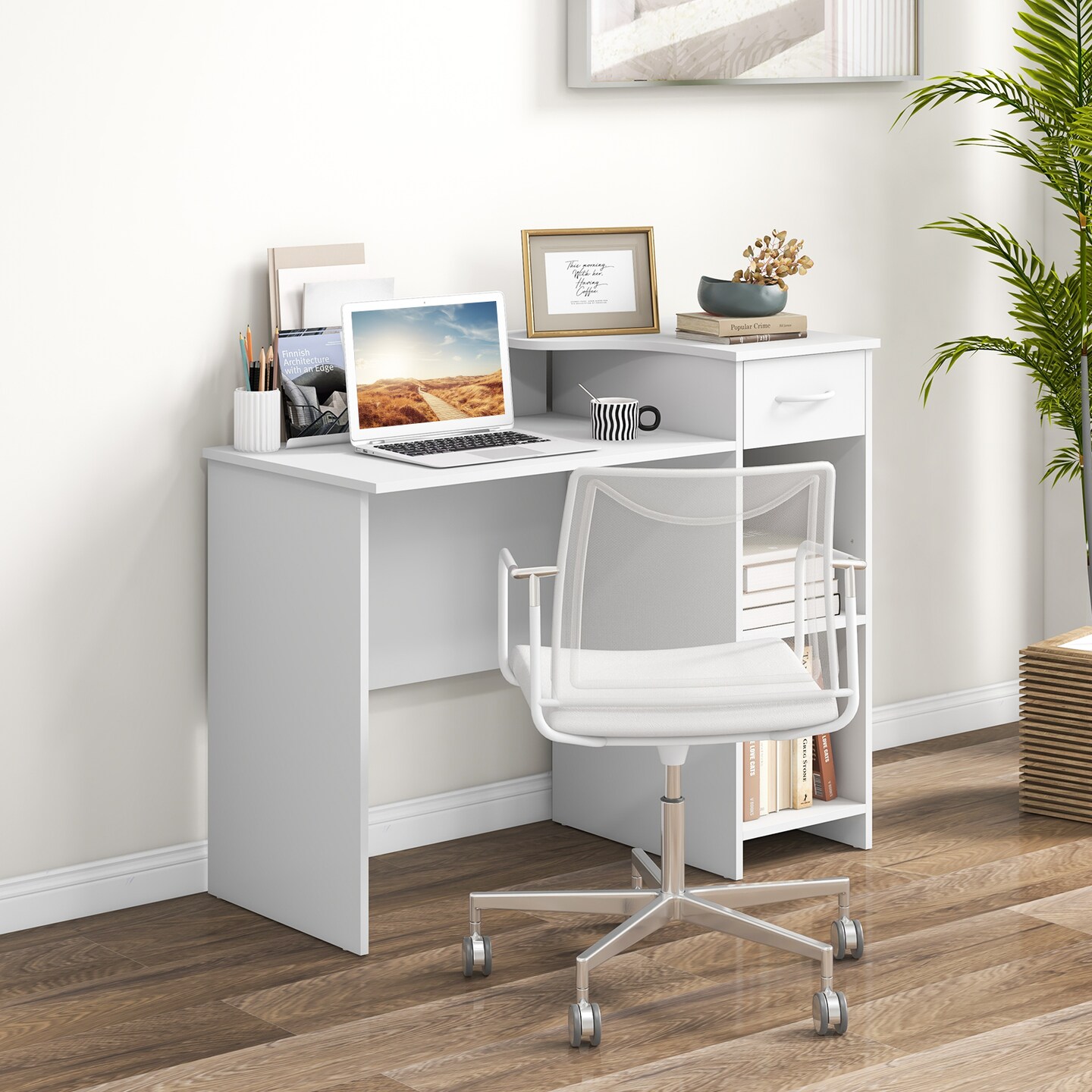 White Computer Desk with Drawer Raised Platform Adjustable Shelf Workstation
