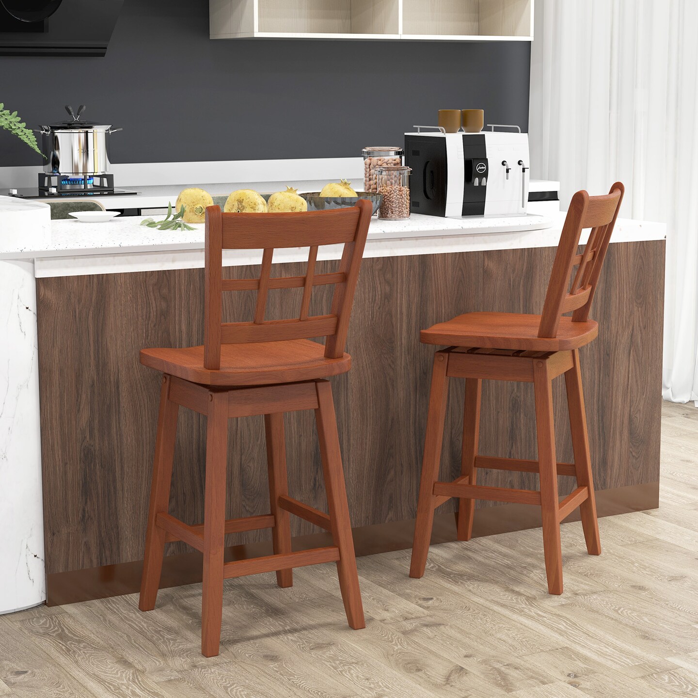 Set of 2 Counter Height Barstools with 6-Grid Hollow Back and Seat - 18&#x22; x 16&#x22; x 38&#x22;