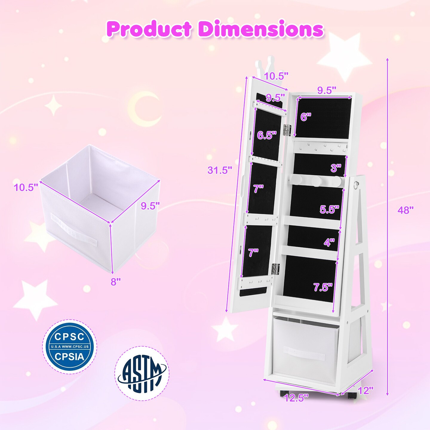 Kids Jewelry Armoire Cabinet with Swivel Base and Lockable Universal Wheels